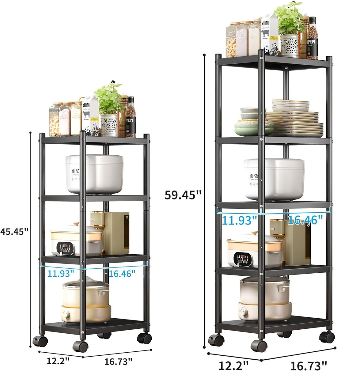 5-Tier Kitchen Storage Shelves, Adjustable Metal Shelves for Storage Pantry Shelves with Rolling Wheels, Storage Rack Shelving Unit Organizer for Bedroom Laundry Closet