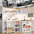 Bakers Rack with Power Outlet and LED Light Strings, Microwave Oven Stand Kitchen Storage Shelf with Wire Basket, Coffee Bar Station Island Table with 10 Hooks for Spices, Pots, Pans, White