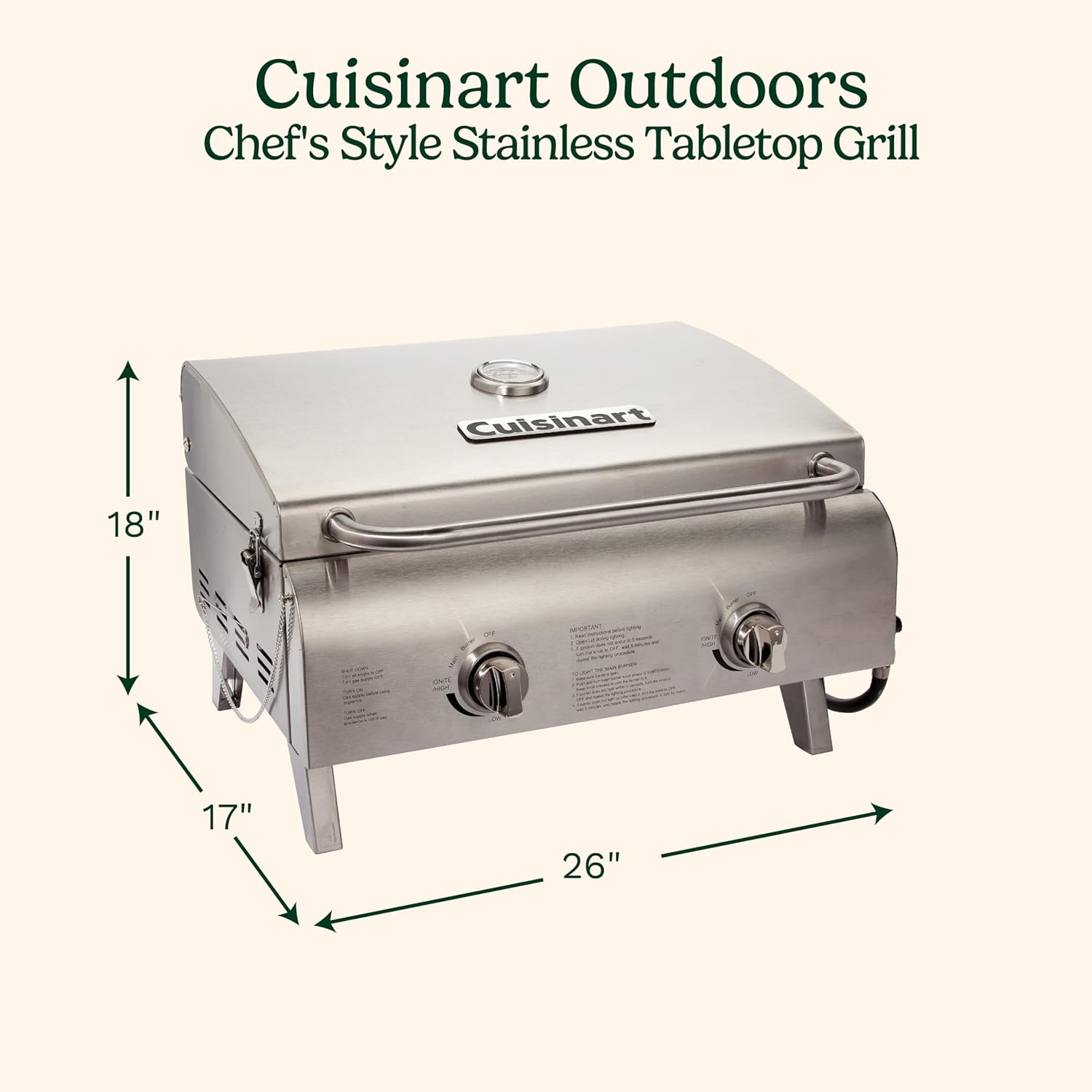 CGG-306 Chef'S Style Portable Propane Tabletop 20,000, Professional Gas Grill, Two 10,000 BTU Burners, Stainless Steel