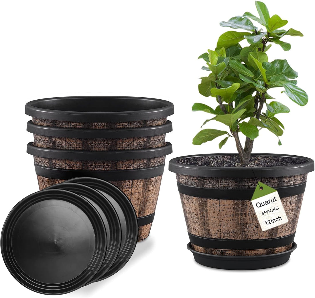 Plant Pots Set of 4 Pack 12 Inch,Large Whiskey Barrel Planters with Drainage Holes & Saucer.Plastic Flower Pots Imitation Wine Barrel Design, for Indoor & Outdoor Garden Home Plants (Brown)