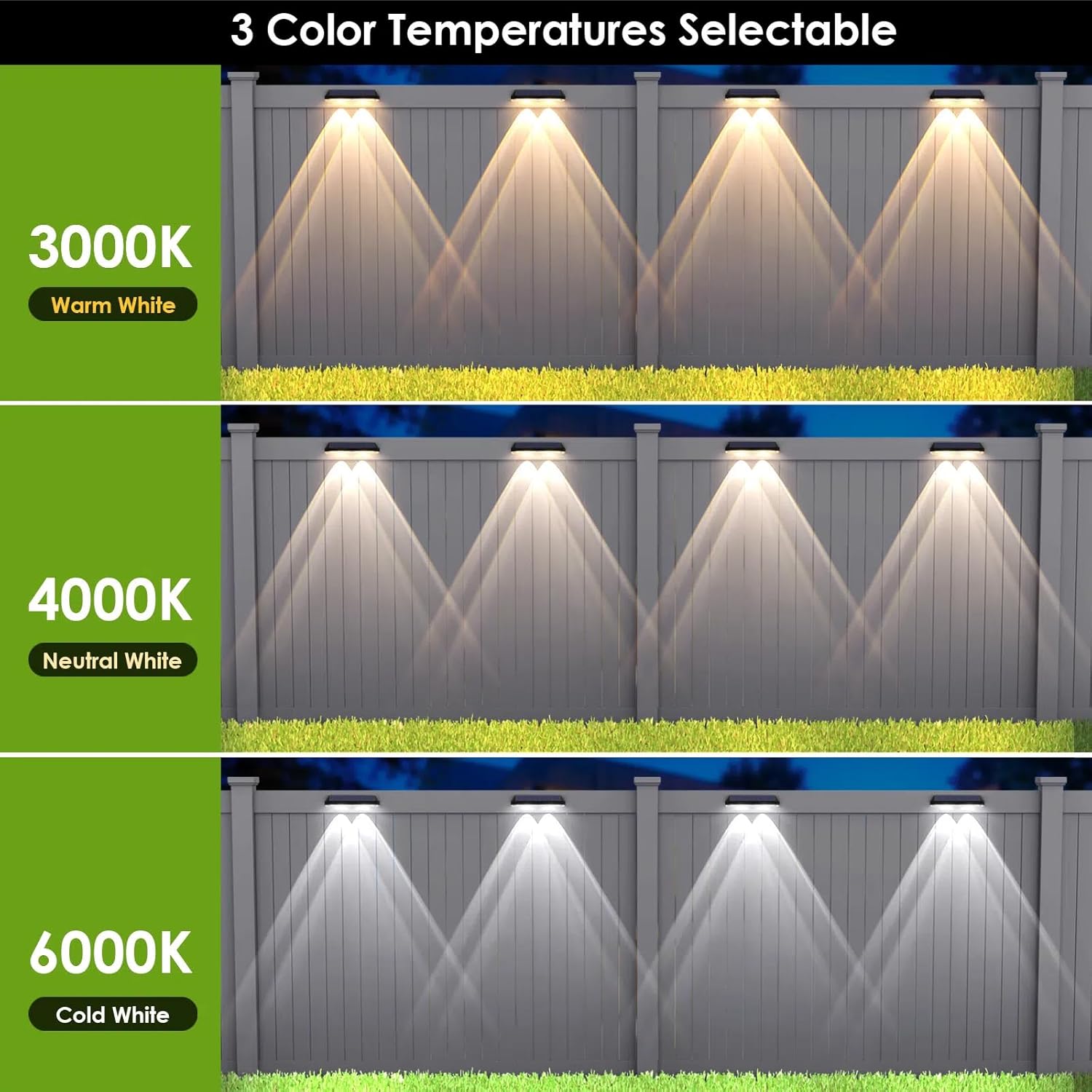 Solar Fence Lights Outdoor - 2700/4000/6000K 3 Mode, IP65 Waterproof Fence Solar Lights Outdoor, Solar Deck Lights for Outside, Backyard/Railing/Step/Patio/Deck Fence/Stair Railings and Wall (8 Pack)