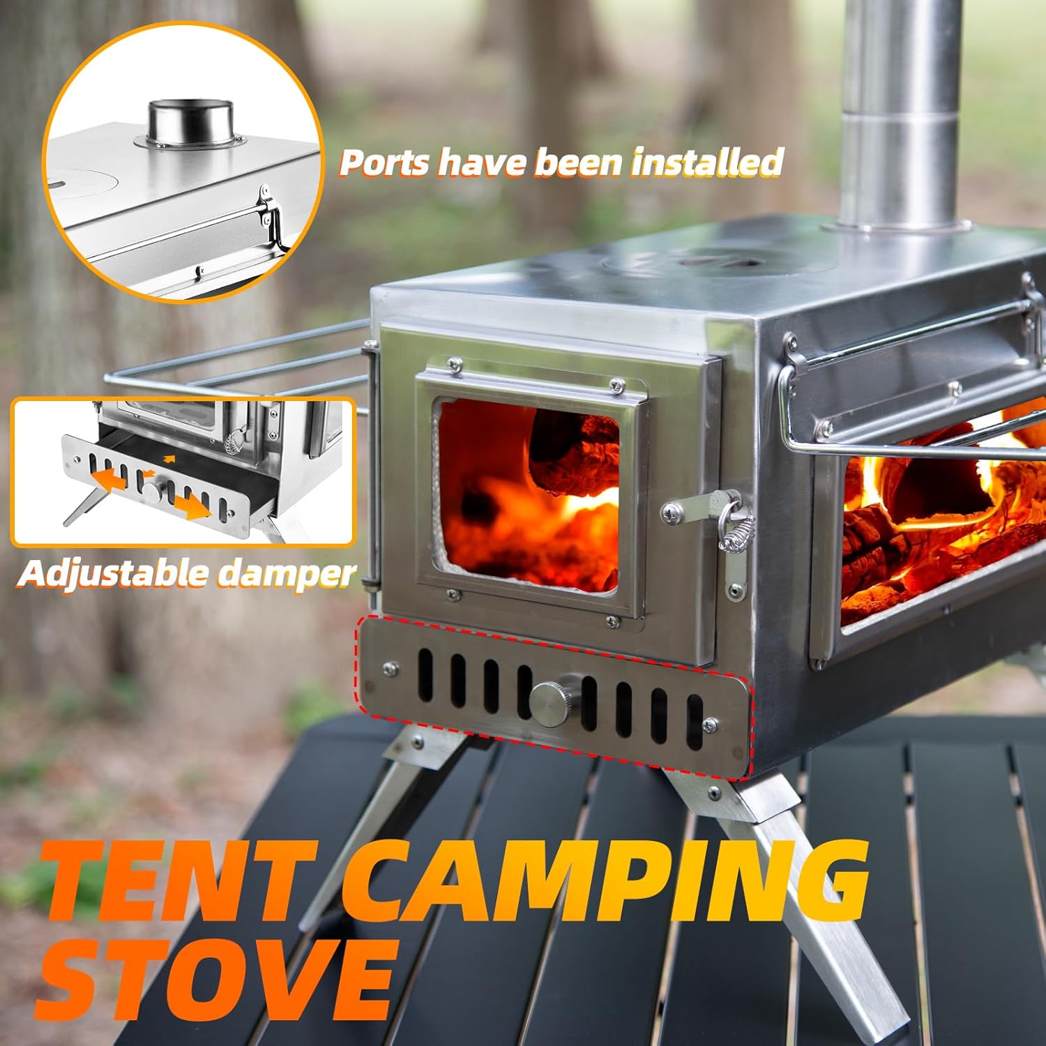 Hot Tent Stove,  Wood Burning Stove, Portable Wood Stove with 6 Stainless Chimney Pipes for Outdoor Heating & Cooking, Ice Fishing, Hunting
