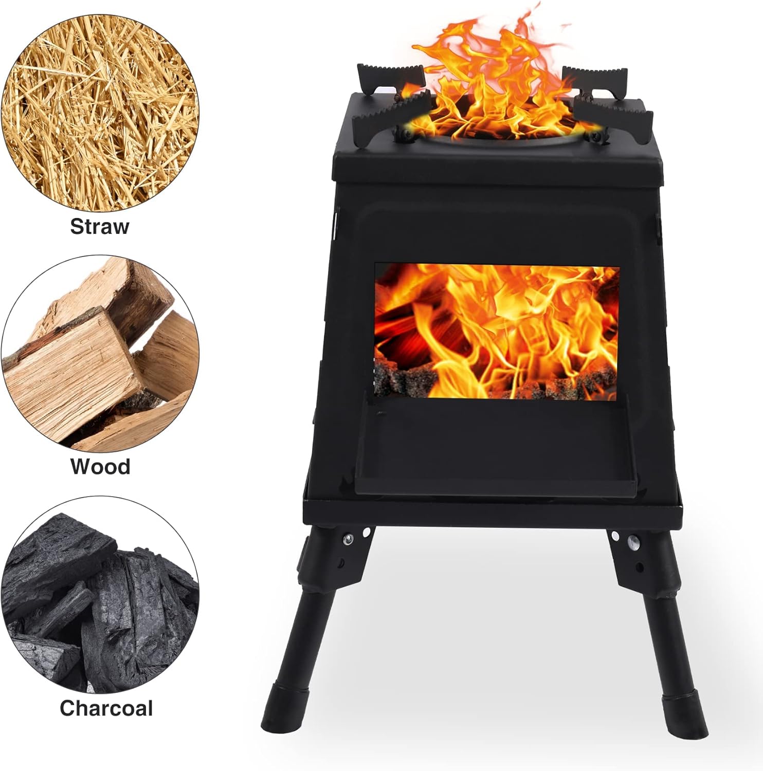 Wood Burning Camp Stove, Portable Cast Iron Camping Wood Stove, Black Woodstove with Carrying Case for Backpacking Outdoor Cooking, Large