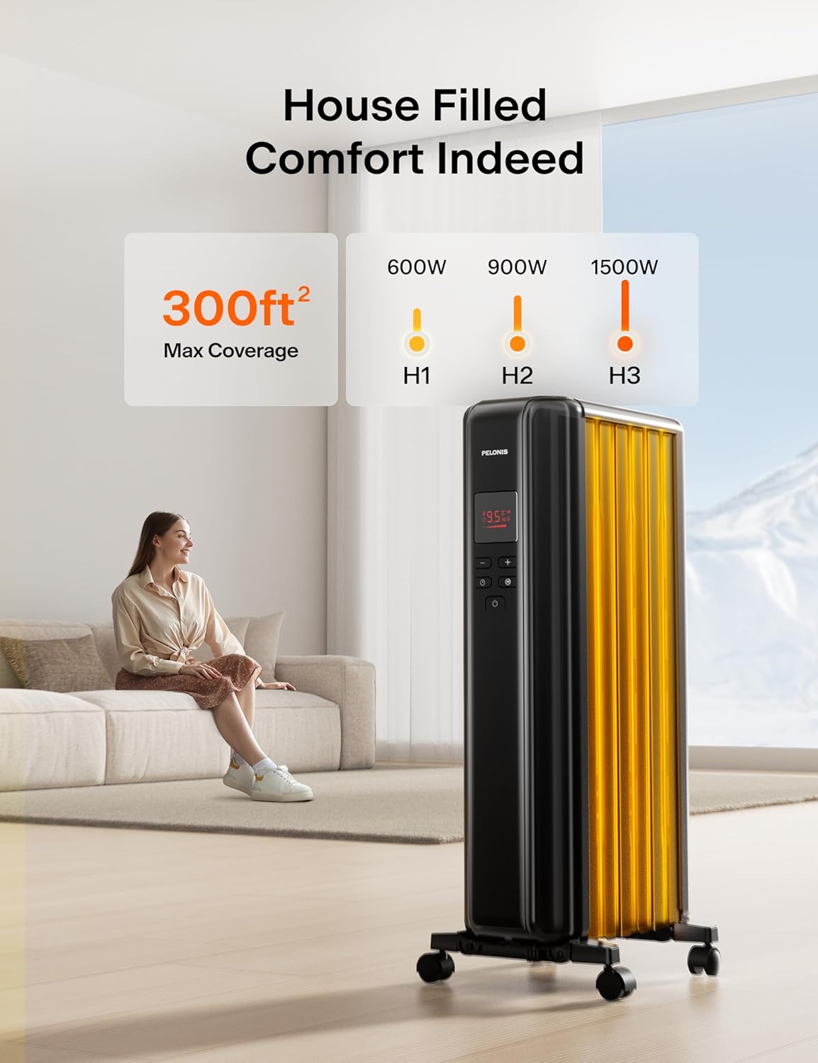 Oil Filled Radiator Heater for Indoor Use Large Room with Remote, Electric Space Heater with Thermostat, Energy Efficient with ECO Mode, 24H Timer, Quiet, Overheat & Tip-Over Protection, 1500W