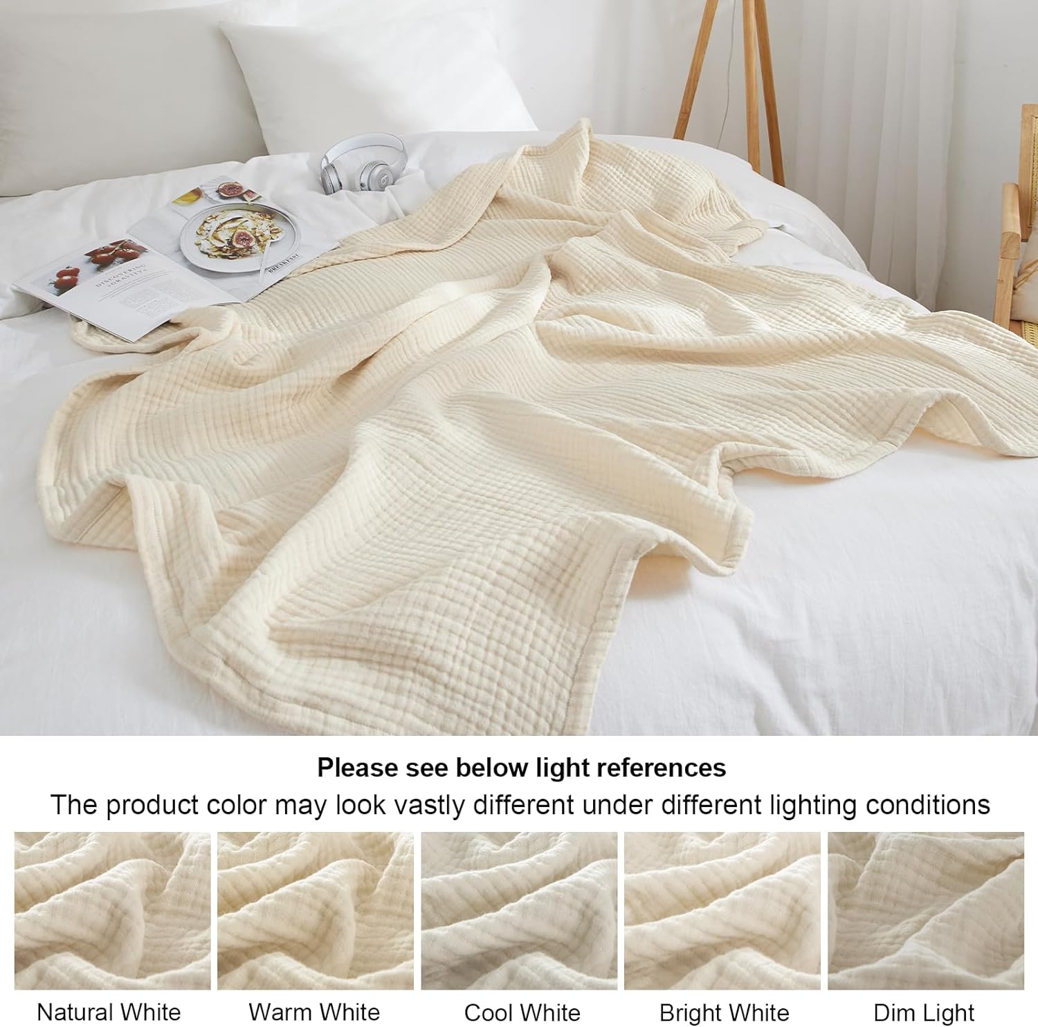 100% Cotton Muslin Throw Blanket 50" X 60", 4-Layer Lightweight and Breathable Blanket for Summer, Luxuriously Soft Gauze Blanket for Couch, Elegant Home Decoration, Beige/Birch