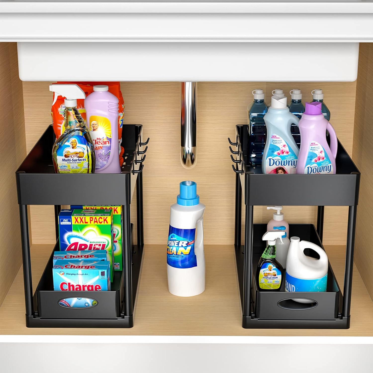 under Sliding Cabinet Basket Organizer, 2 Tier under Sink Organizers Black under Sink Storage for Bathroom Kitchen