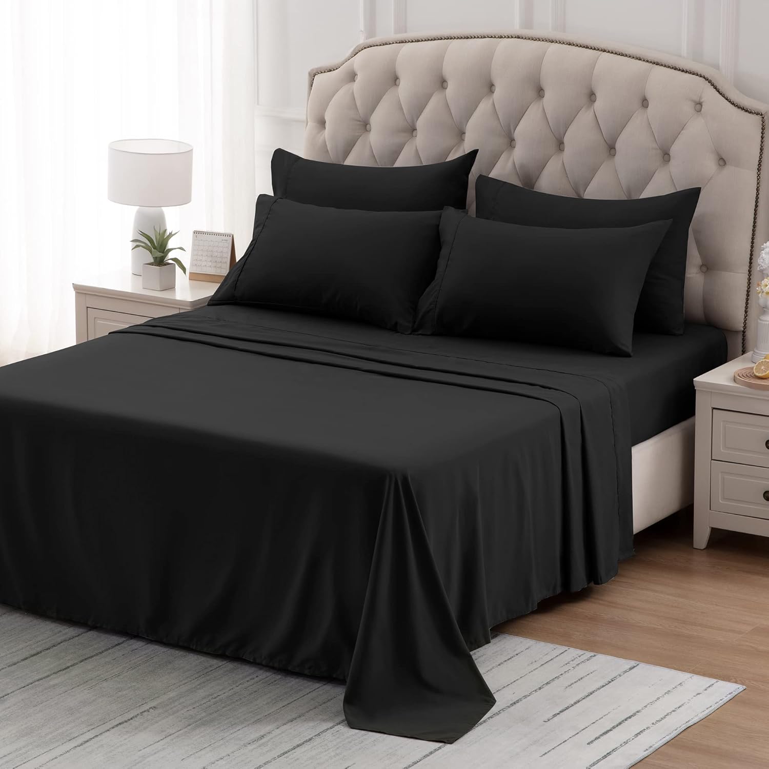 Nanotex Super Soft Cooling King Bed Sheets Set 4 Piece - Easy Care Fitted Flat Sheet & Pillowcase Sets - Wrinkle Free, Fade Resistant, Deep Pocket 16" (Black, King)