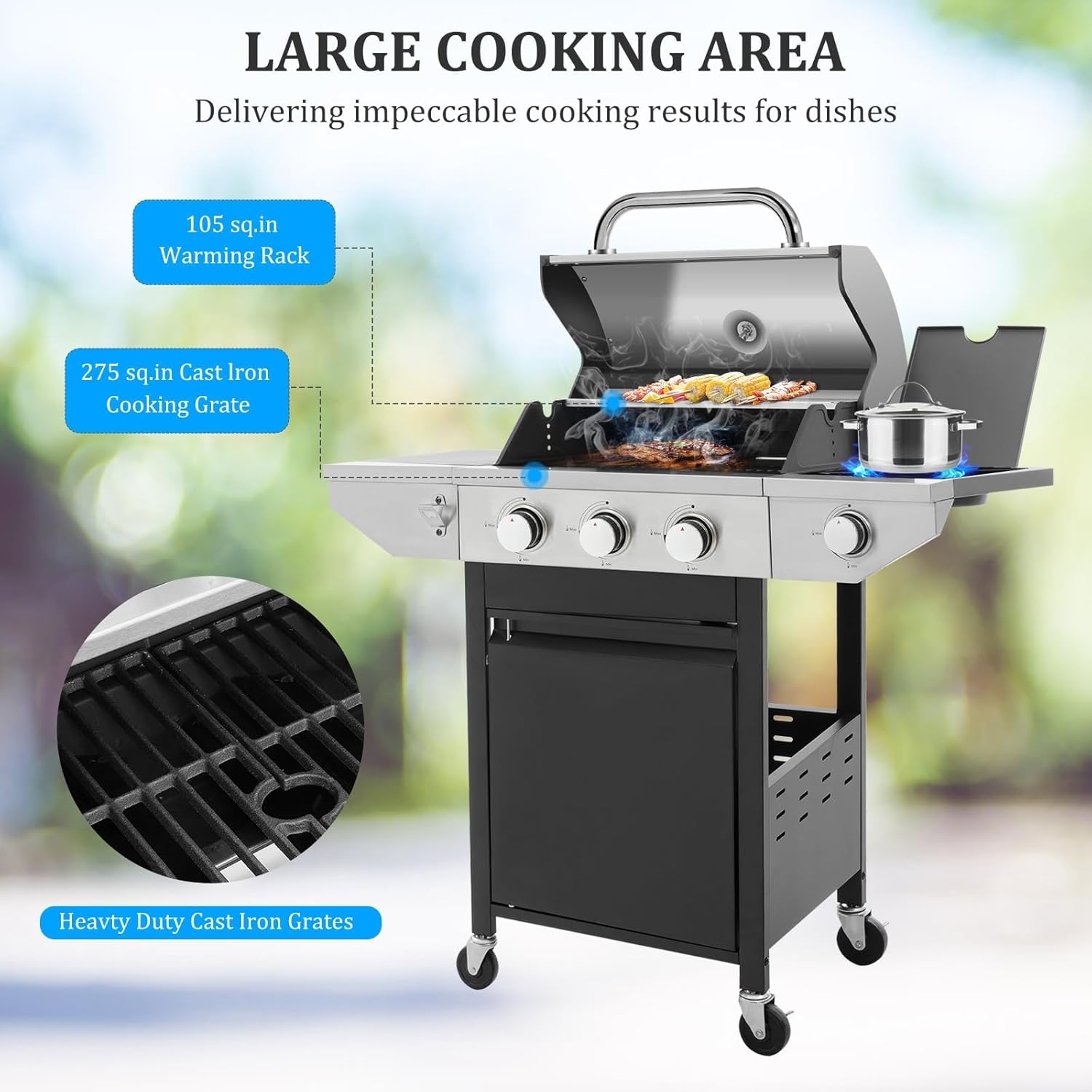 3-Burner Propane Gas BBQ Grill with Side Burner & Porcelain-Enameled Cast Iron Grates Built-In Thermometer, 37,000 BTU Outdoor Cooking, Patio, Garden Barbecue Grill, Black and Silver