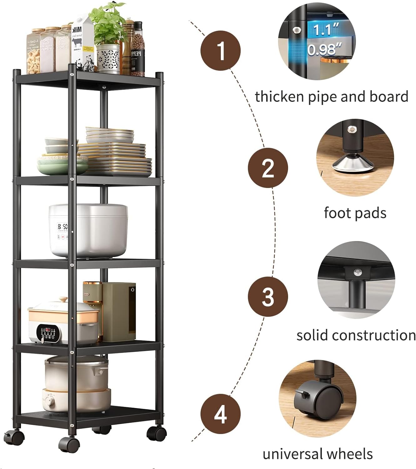 5-Tier Kitchen Storage Shelves, Adjustable Metal Shelves for Storage Pantry Shelves with Rolling Wheels, Storage Rack Shelving Unit Organizer for Bedroom Laundry Closet
