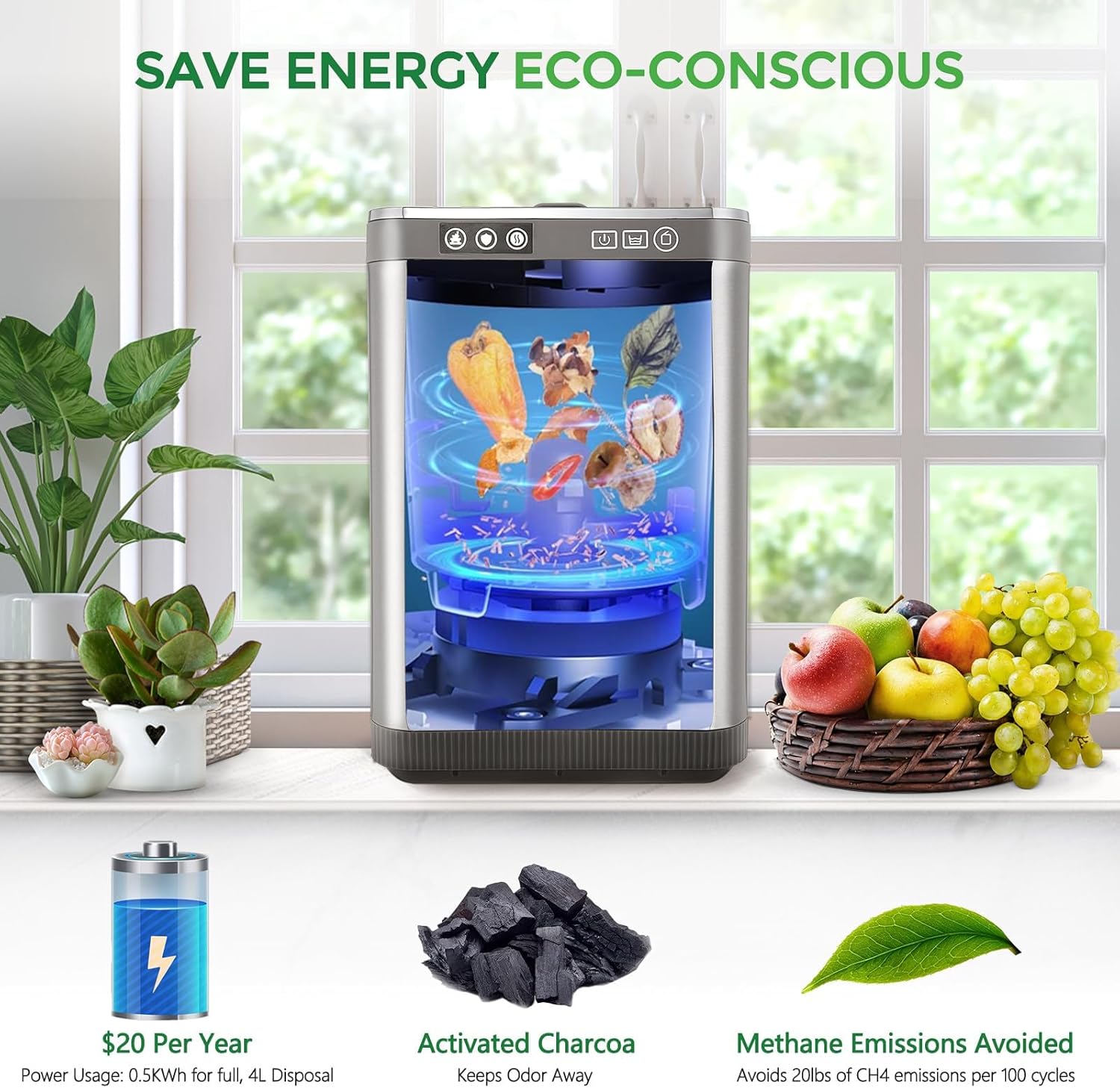 Upgraded Electric Composter, 1 Gallon Largest Smart Indoor Compost Bin Kitchen, 2 Carbon Filter, Food Recycling Composting Odor Free, Converts Waste to Dry Compost, Kitchen Composter 80% Energy Saver