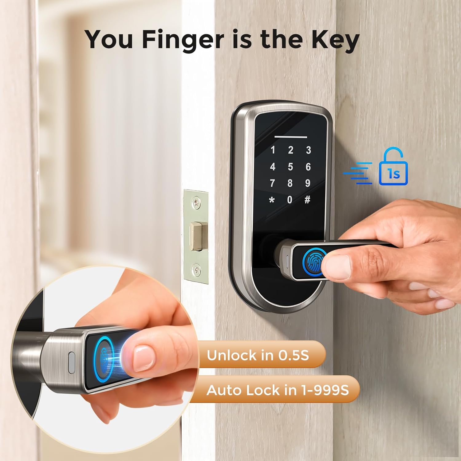 Keyless-Entry Fingerprint Smart Door Lock, Smart Locks for Front Door with Code Passcode App Control All in One Zinc Alloy Electronic Digital Door Lock with Keypad, Easy Installation