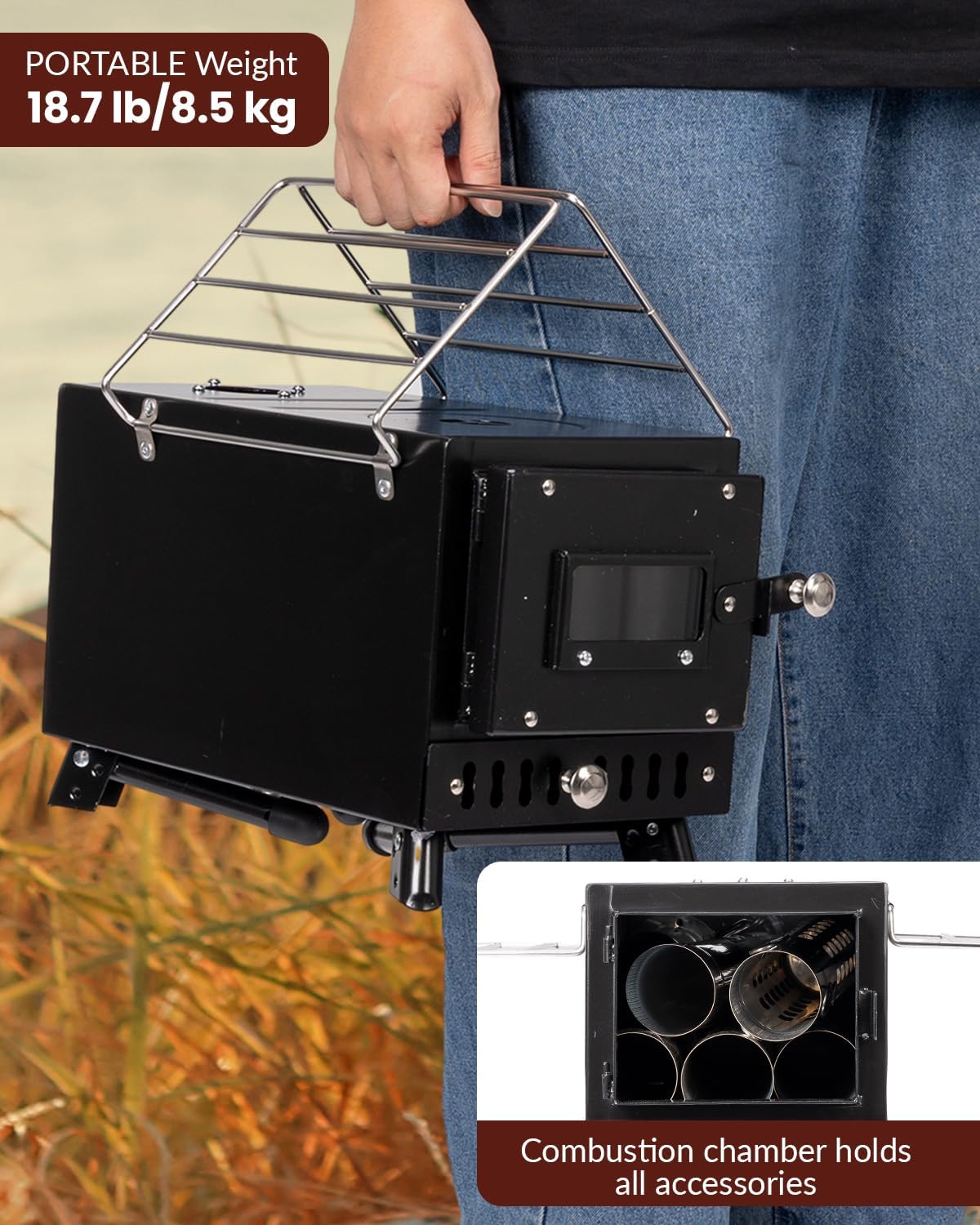 Wood Stove, Outdoor Wood Burning Stove, Camping Stove, Portable Tent Stove with Heat Control Stovepipe & Elbow Pipe for Outdoor Cooking, Camping and Ice-Fishing