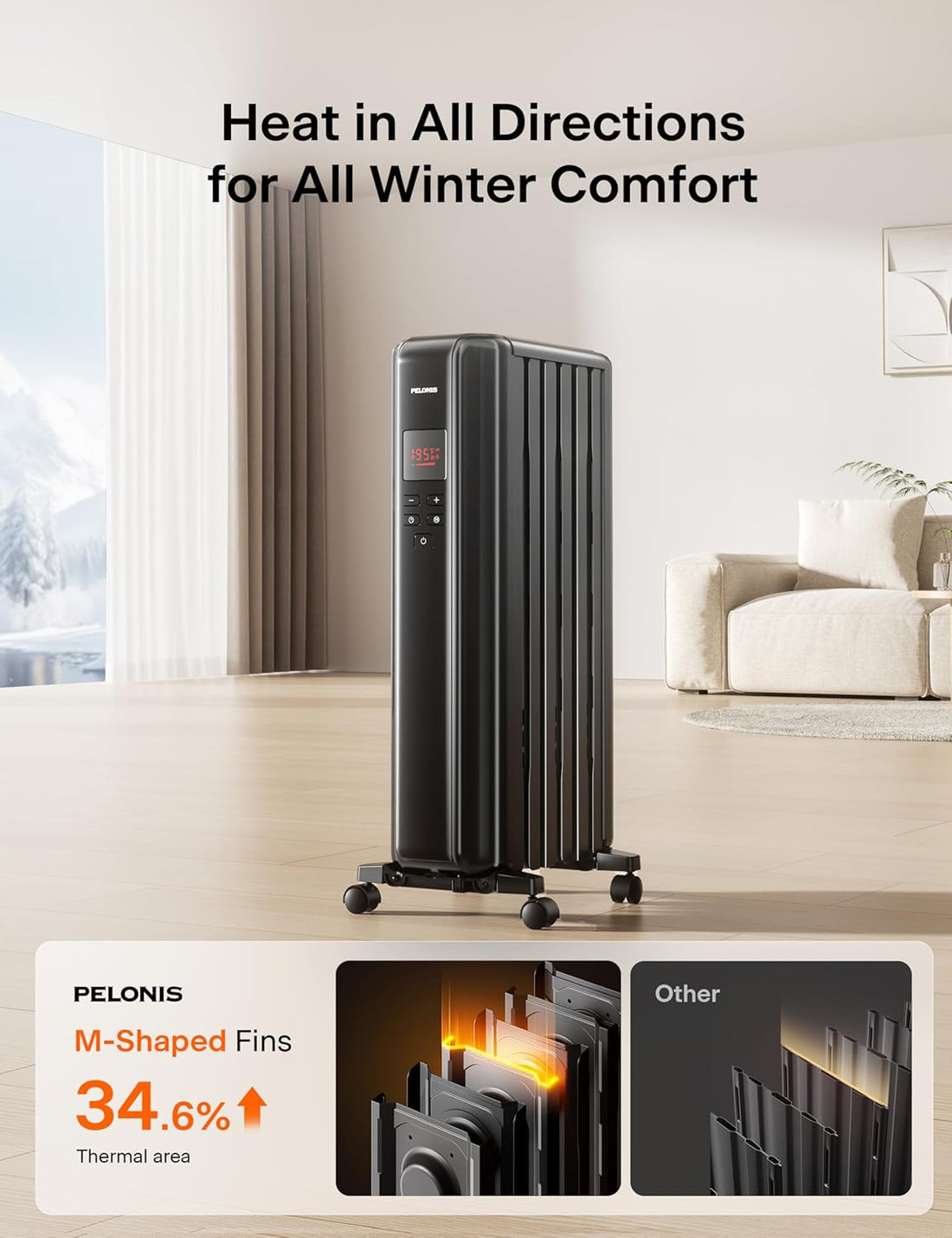 Oil Filled Radiator Heater for Indoor Use Large Room with Remote, Electric Space Heater with Thermostat, Energy Efficient with ECO Mode, 24H Timer, Quiet, Overheat & Tip-Over Protection, 1500W