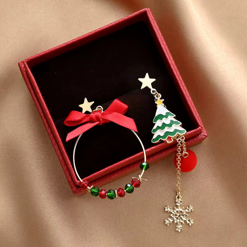 New Asymmetric Christmas Earring for Women Delicate Crystal Bowknot Christmas Tree Snowflake Tassel Earrings Girls Party Jewelry