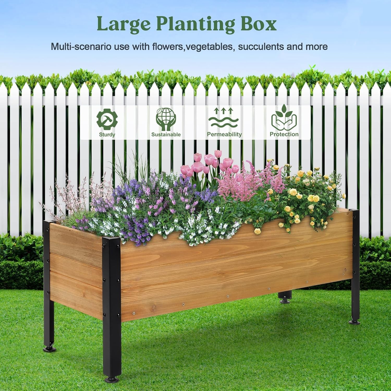 Wood Rectangular Garden Planter Box Raised Bed Outdoor,Planters for Outdoor Plants 37X13X15In Elevated Herbs Vegetables Flowers Great Patio Deck Balcony