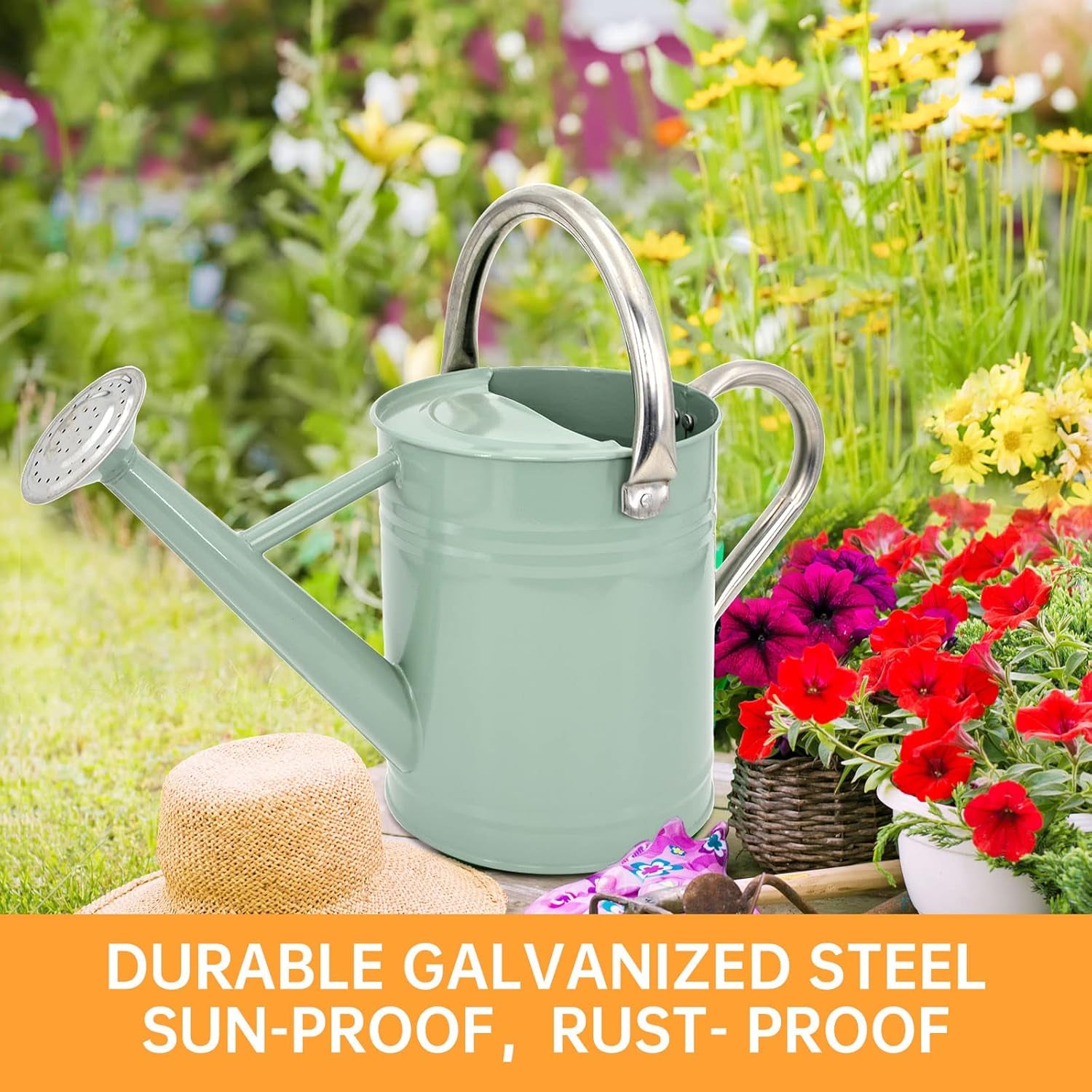 Metal Watering Can for Outdoor Plants, Galvanized Steel Watering Can with Removable Spout, 1 Gallon,Perfect Home & Garden Décor Cream Green
