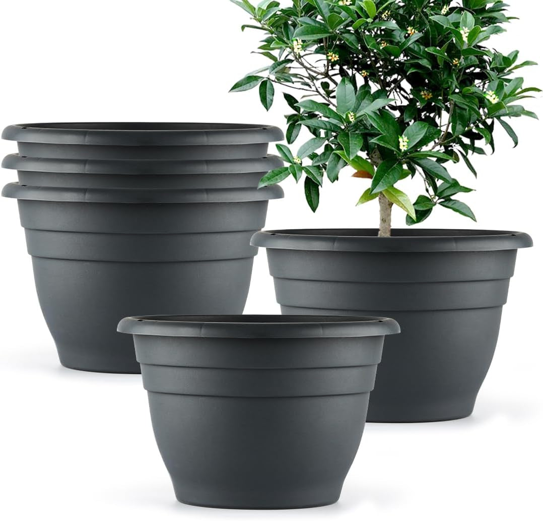 Plant Pots Set of 5, 10 Inch round Flower Pots, Thickened Plant Planters with Drainage Holes, Garden Pots for Indoor Outdoor (Dark Gray)