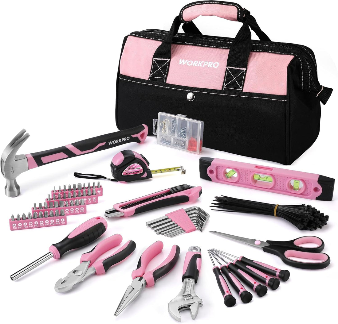 Pink Tool Kit, 263-Piece Home Repairing Tool Set with Wide Mouth Open Storage Bag, Household Tool Kit - Pink Ribbon