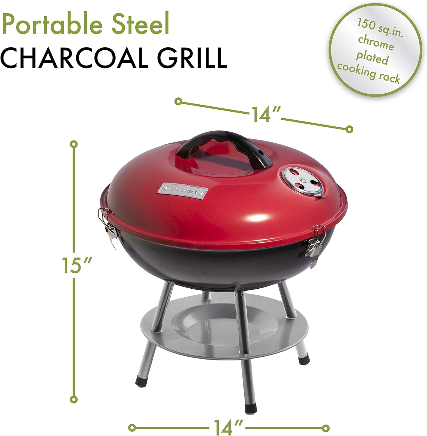 14" Inch BBQ, 14" X 14" X 15", Portable Charcoal Grill, (Red), CCG-190RB