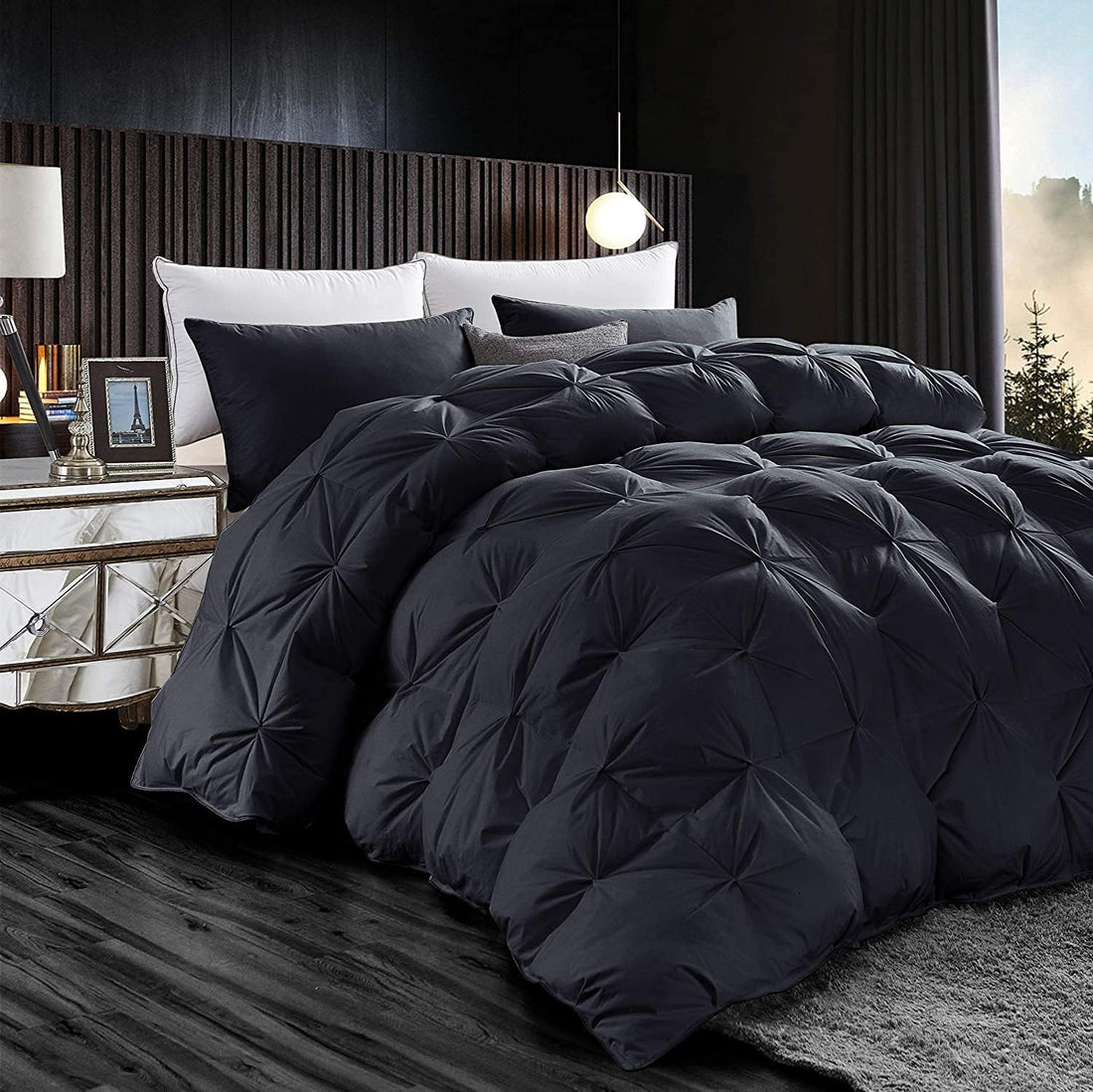 Luxurious All-Season Goose down Feather Fiber Comforter California King Size Duvet Insert, Exquisite Pinch Pleat Design, Premium Baffle Box, 100% Egyptian Cotton Cover, 80 Oz. Fill Weight, Black