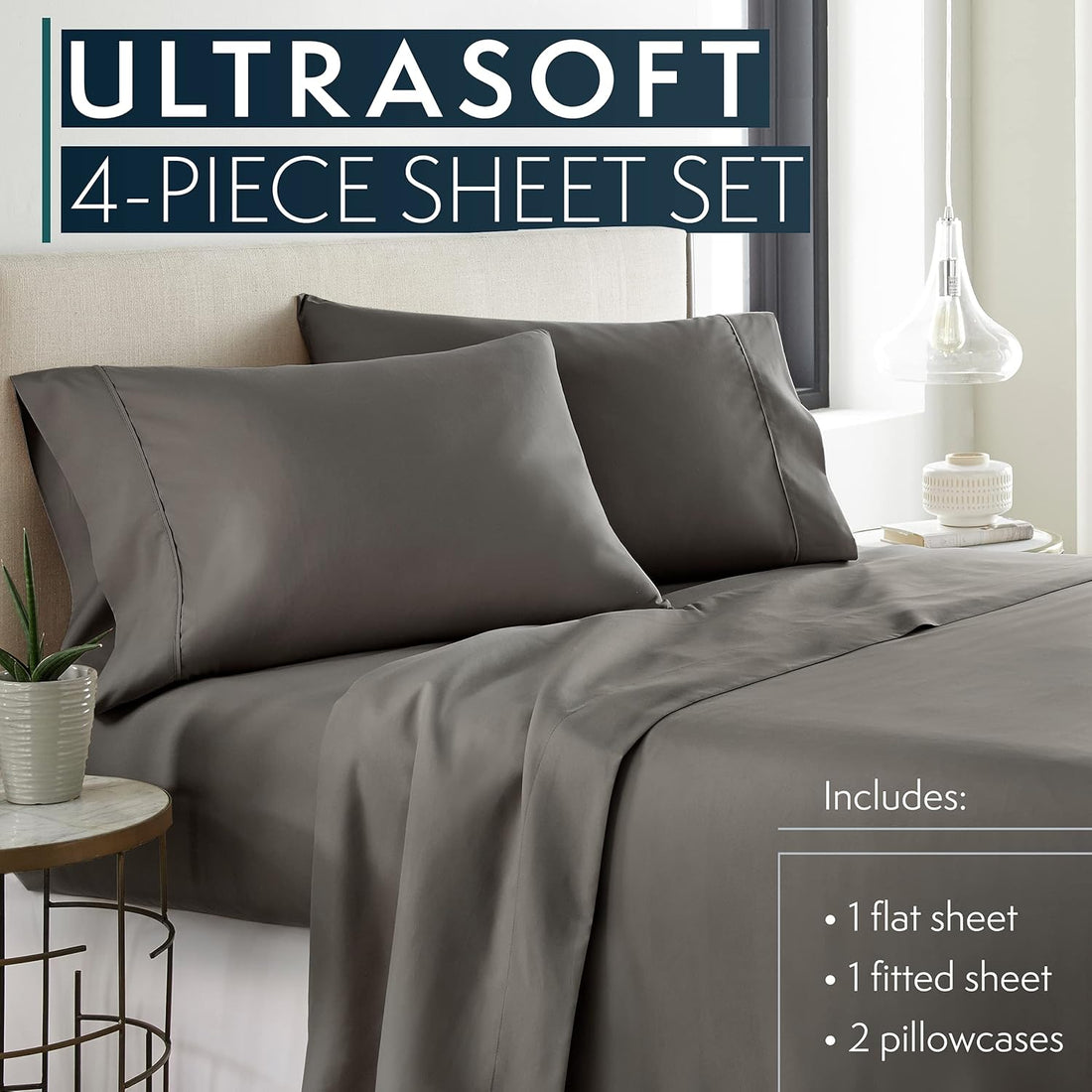 Queen Sheet Set, 4 Pc Bed Sheets & Pillowcases Set - Machine Washable for Easy Care - Soft & Breathable All Season Microfiber Sheets with Deep Pockets - Gray