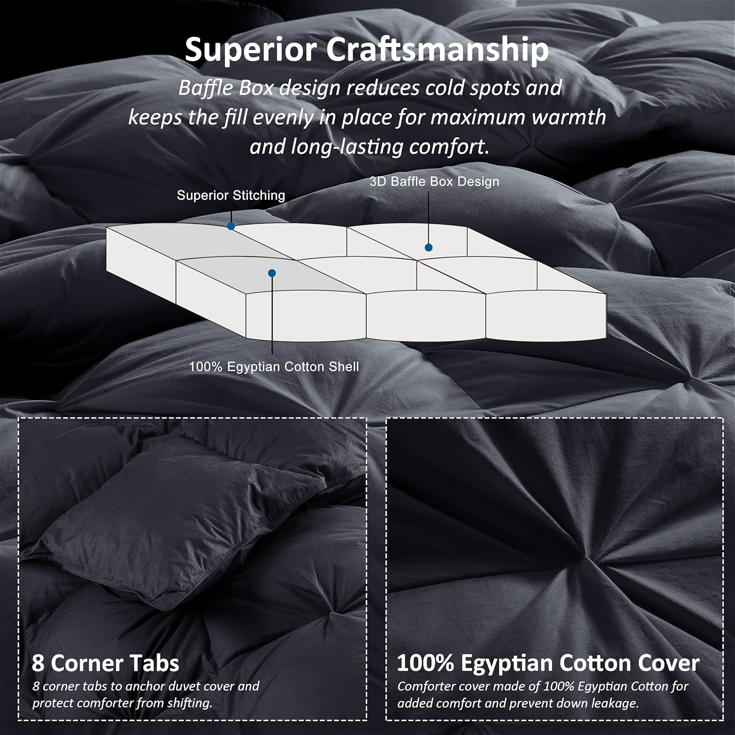 Luxurious All-Season Goose down Feather Fiber Comforter California King Size Duvet Insert, Exquisite Pinch Pleat Design, Premium Baffle Box, 100% Egyptian Cotton Cover, 80 Oz. Fill Weight, Black