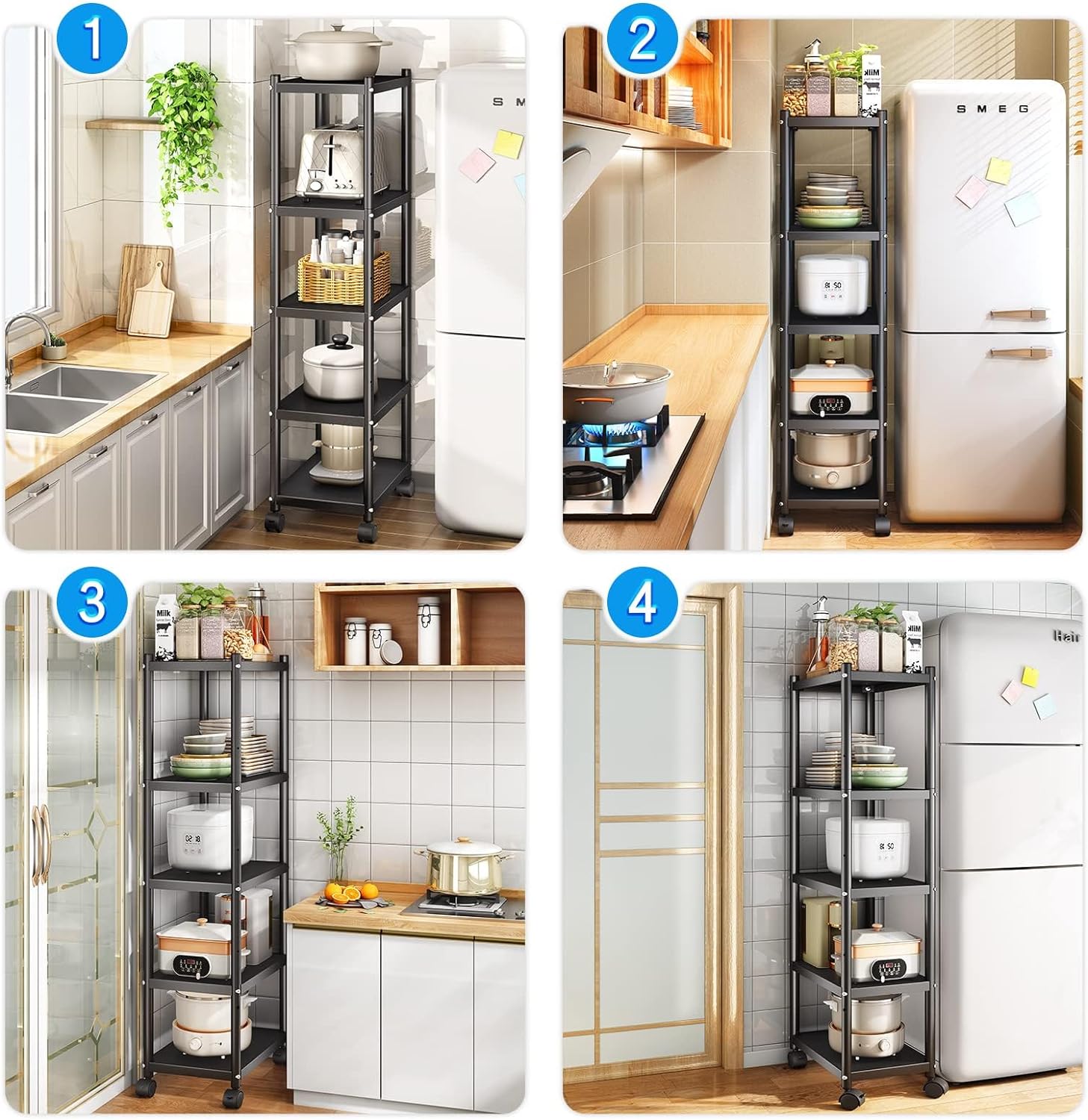 5-Tier Kitchen Storage Shelves, Adjustable Metal Shelves for Storage Pantry Shelves with Rolling Wheels, Storage Rack Shelving Unit Organizer for Bedroom Laundry Closet
