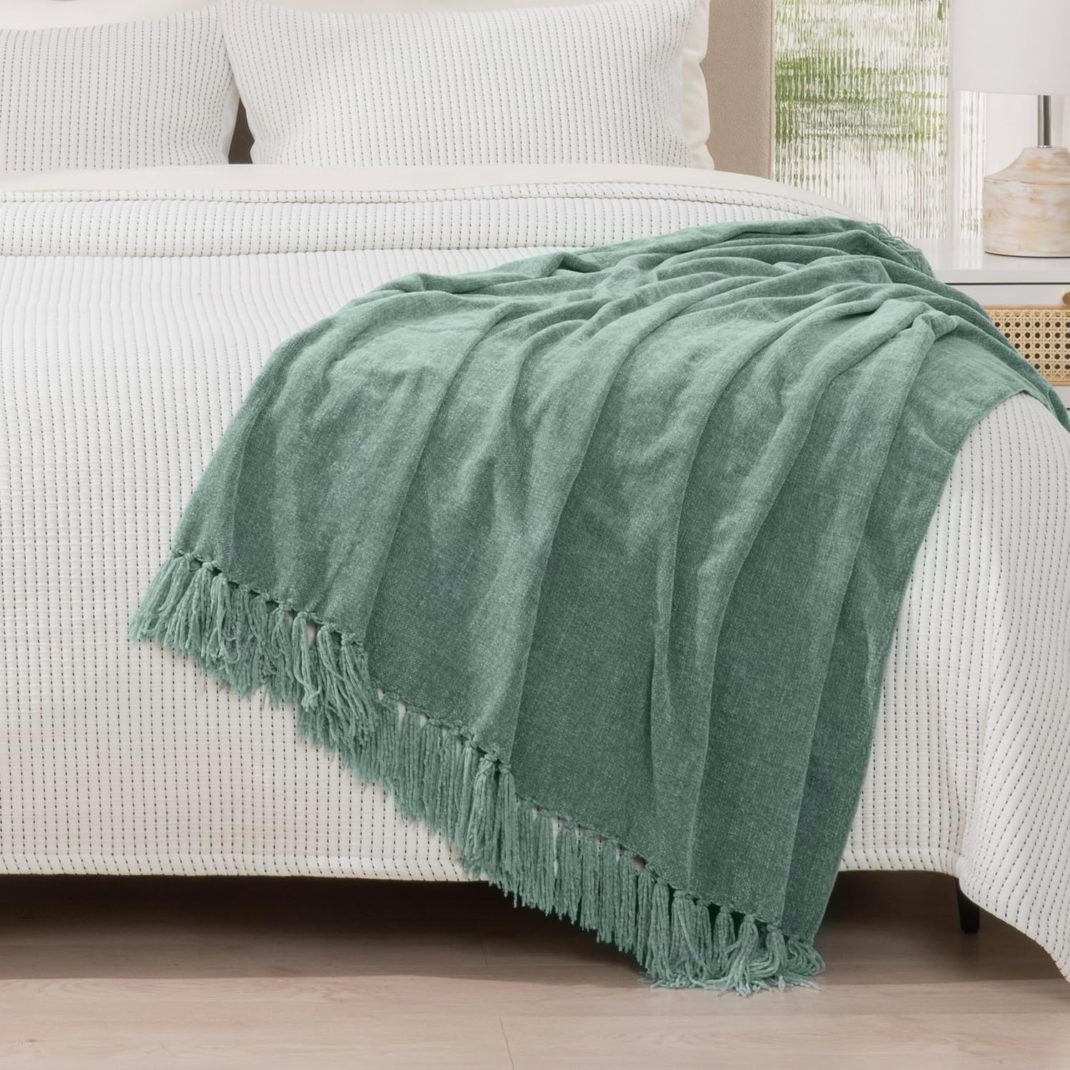 Throw Blanket Soft Cozy Chenille Throw Blanket with Fringe Tassel for Couch Sofa Chair Bed Living Room Gift (Sage, 50'' X 60'')