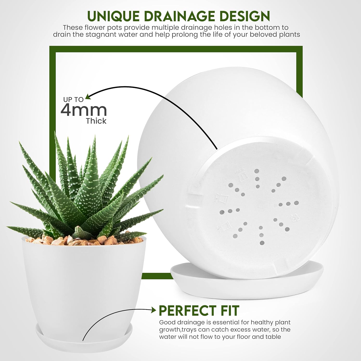 - Plant Pots with Drainage - 7/6.6/6/5.3/4.8 Inches Home Decor Flower Pots for Indoor Planter - Pack of 5 Plastic Planters, Cactus, Succulents Pot - White