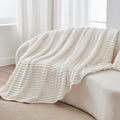 Fleece Throw Blanket for Couch - 300GSM Soft & Warm Fluffy Cream White Blanket, Decorative and Giftable Striped Blankets for Women, Men, 50