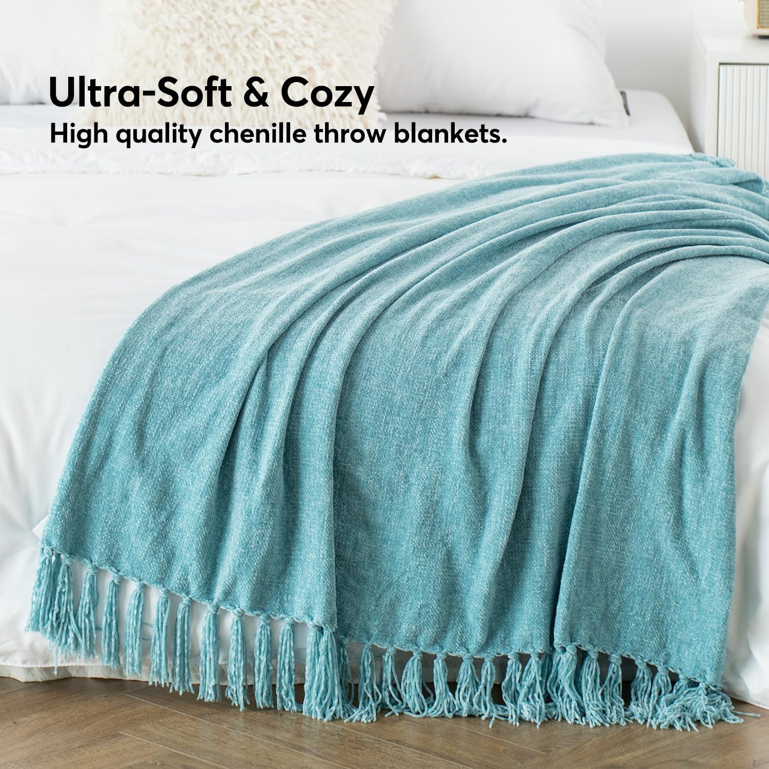 Extra Large Lightweight 108X90 Soft Chenille Throw Bed Blanket for Bedroom with Fringe Tassel, Decorative Blankets and Throws, Cozy Warm Blanket for Men and Women, Blue Oversized King Size