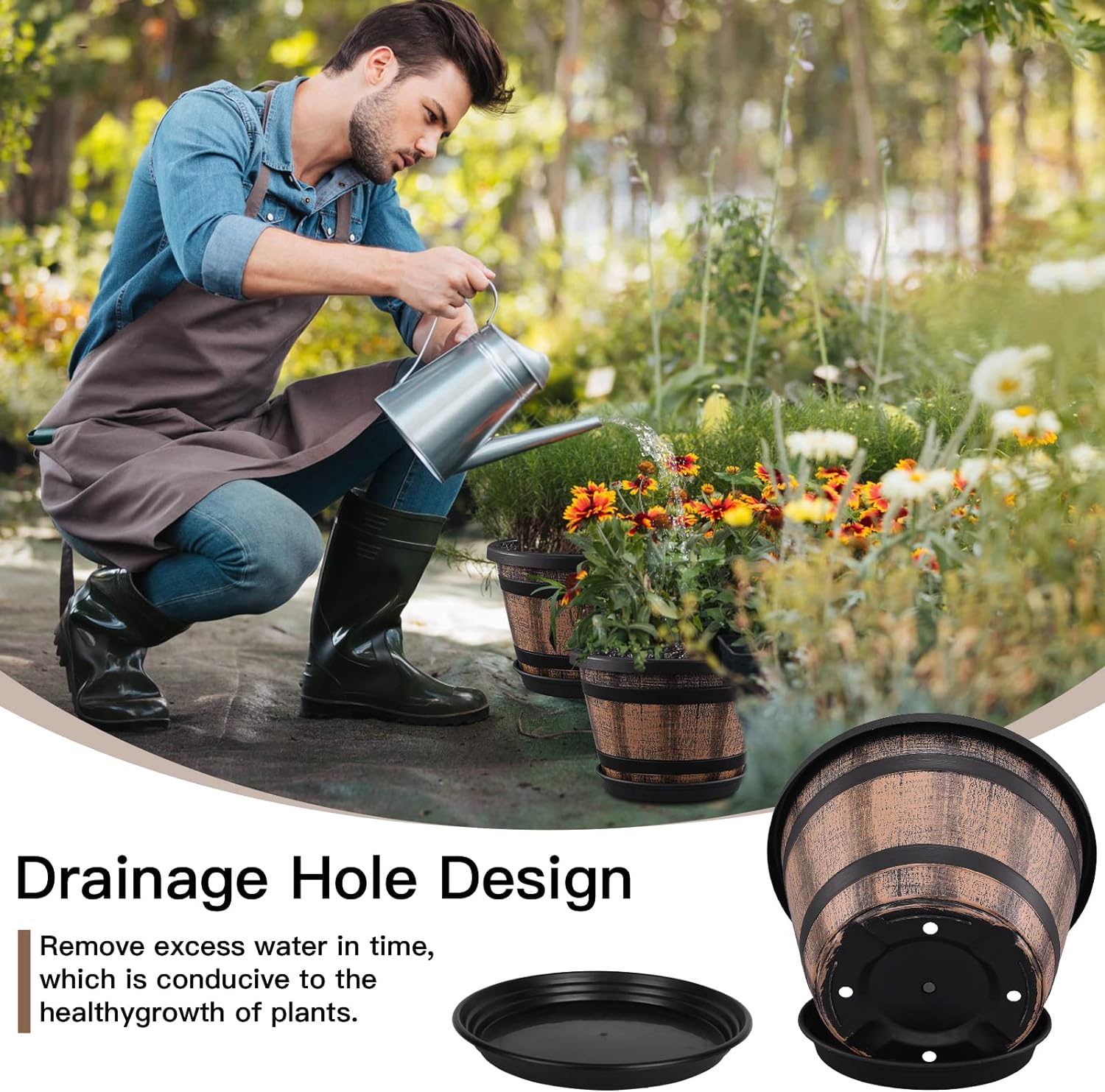 Plant Pots Set of 4 Pack 12 Inch,Large Whiskey Barrel Planters with Drainage Holes & Saucer.Plastic Flower Pots Imitation Wine Barrel Design, for Indoor & Outdoor Garden Home Plants (Brown)