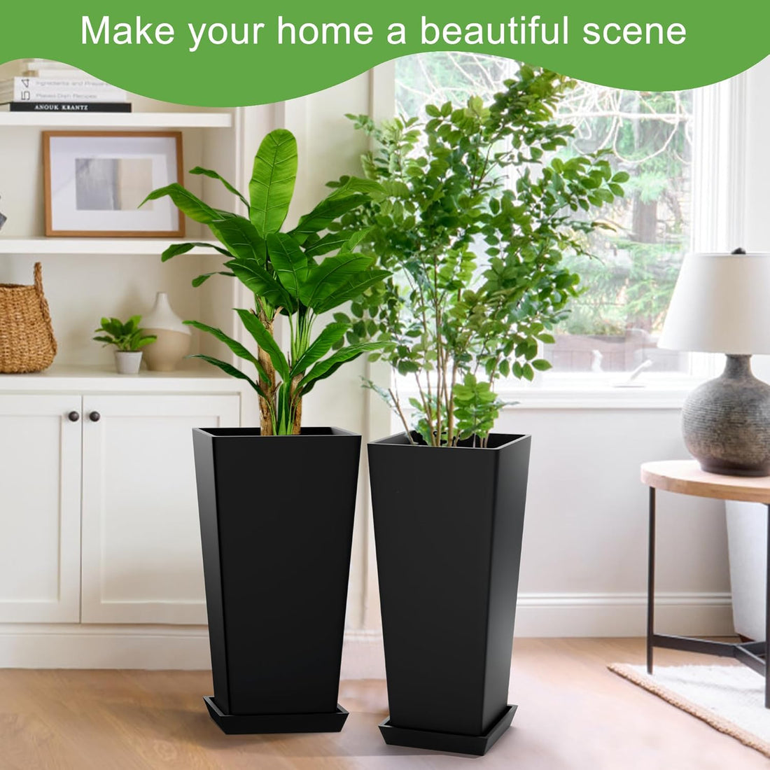 Set of 2 Tall Outdoor Planters 24 Inch, Large Planters for Indoor Outdoor Plants, Tapered Square Flower Pots with Tray for Patio,Black