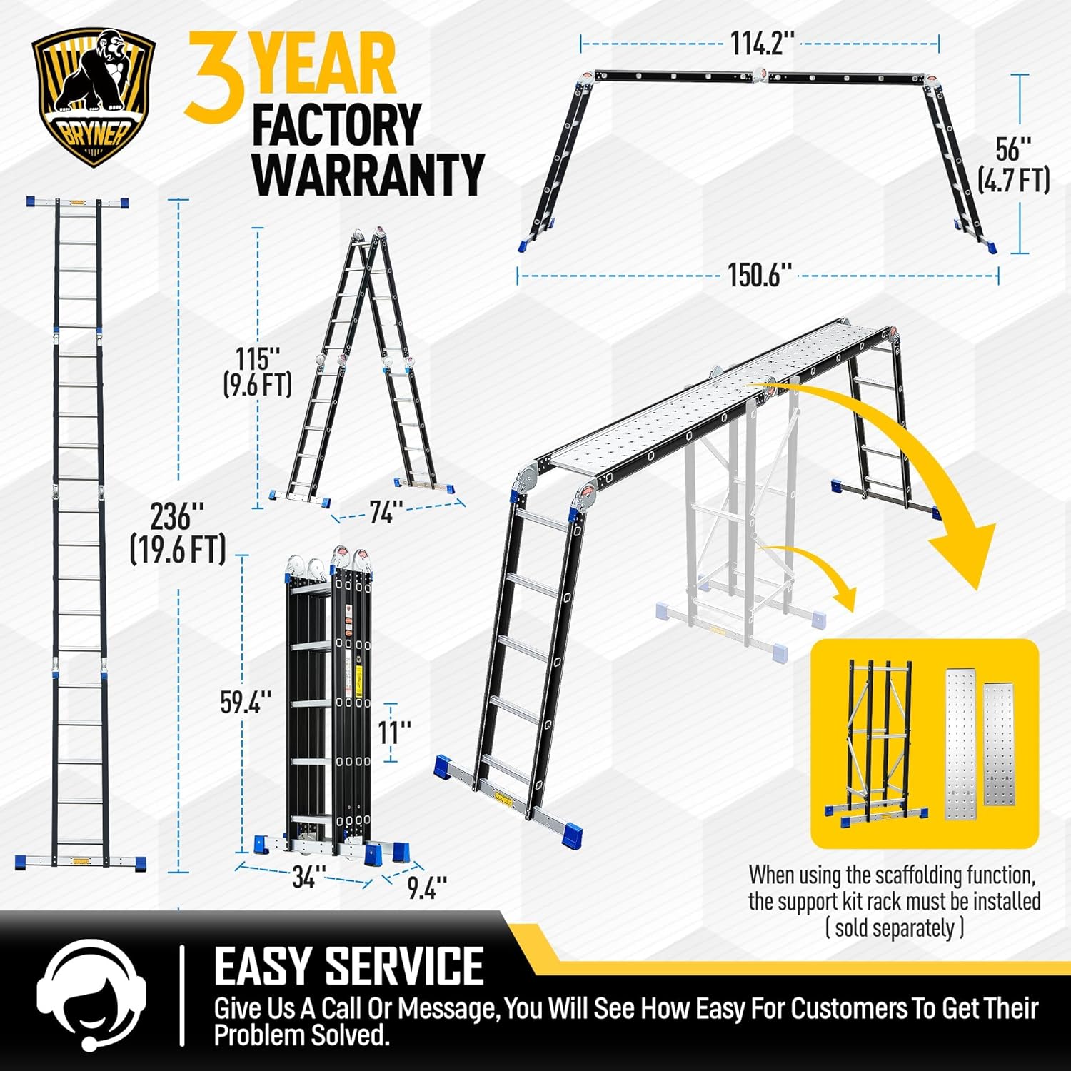 Folding Step Ladder, 19.6Ft, 7 in 1 Multi-Purpose Folding Adjustable Telescoping Aluminium Extension Ladders, 330Lbs