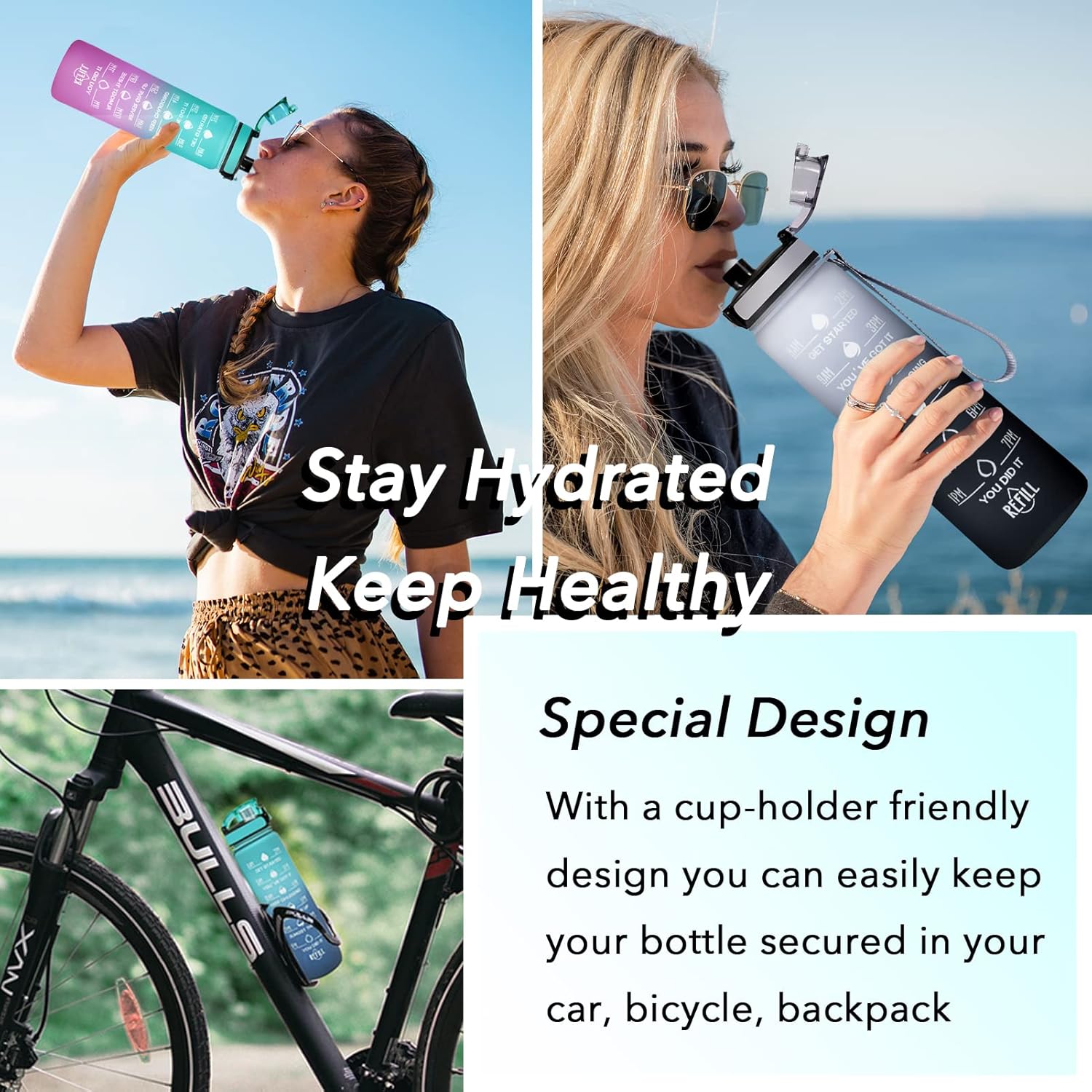 Water Bottle, Leakproof BPA & Toxic Free, Motivational Water Bottle with Times to Drink and Straw, Fitness Sports Water Bottle with Strap for Office, Gym, Outdoor Sports