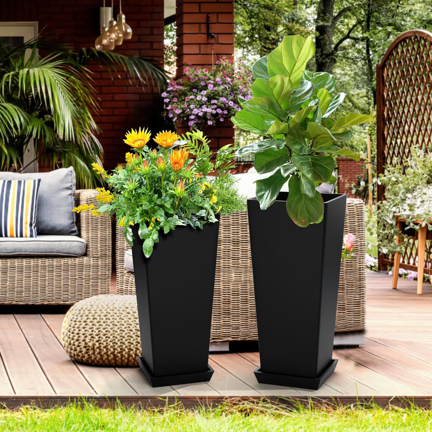 Set of 2 Tall Outdoor Planters 24 Inch, Large Planters for Indoor Outdoor Plants, Tapered Square Flower Pots with Tray for Patio,Black