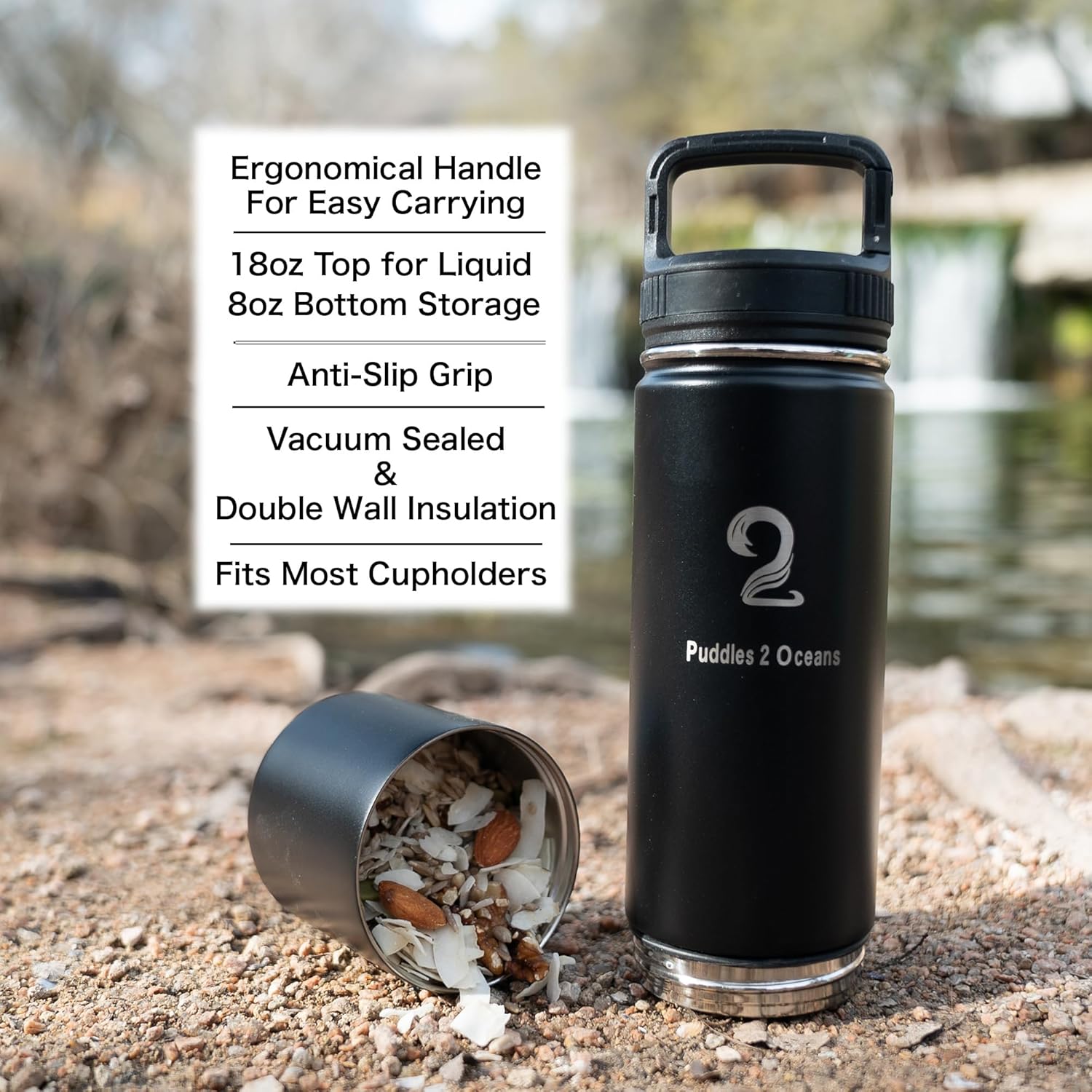 Insulated Water Bottle & Snack Container - Stainless Steel Water Bottle, 3 Lid Types BPA Free, Leak & Spill Proof Travel Bottle for Kids & Adults - Double Wall Tumbler Perfect for Gym, Hiking & School