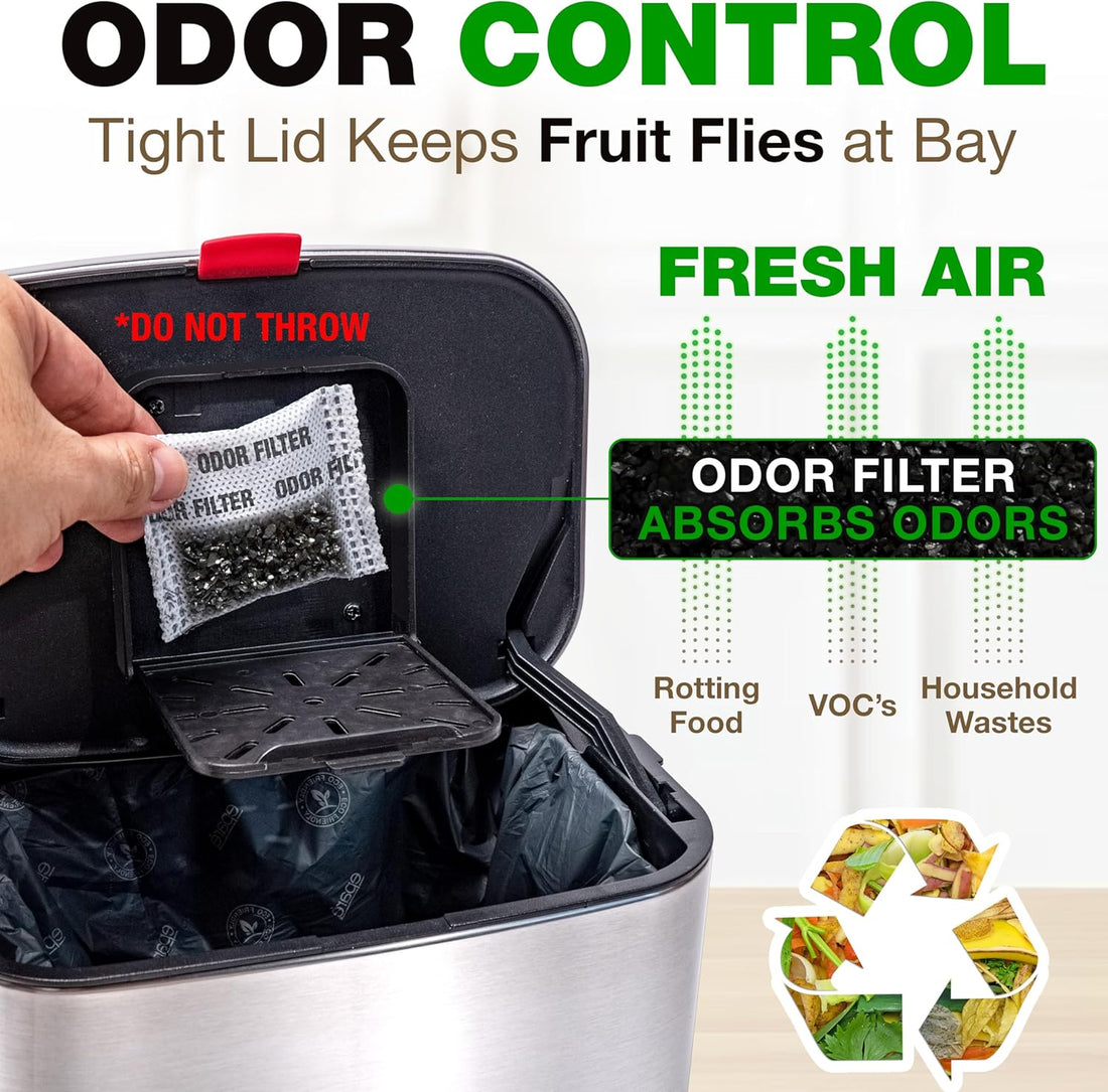 Kitchen Compost Bin Countertop - 1 Gallon Odorless Small Stainless Steel Composting Bin - Hanging Food & Waste Counter Top Trash Can - with 50 Compostable Trash Bags & Carbon Filter