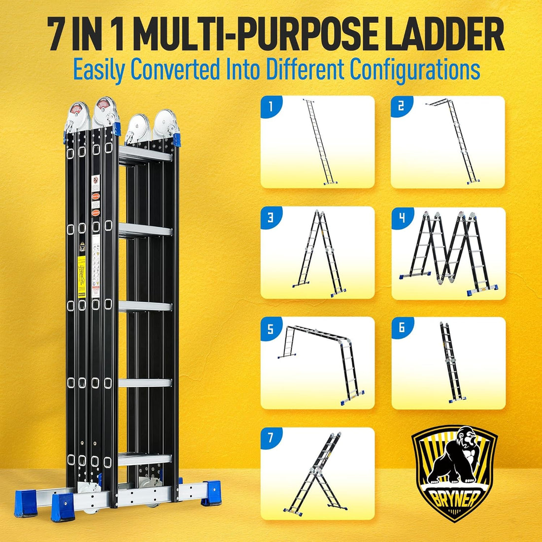 Folding Step Ladder, 19.6Ft, 7 in 1 Multi-Purpose Folding Adjustable Telescoping Aluminium Extension Ladders, 330Lbs