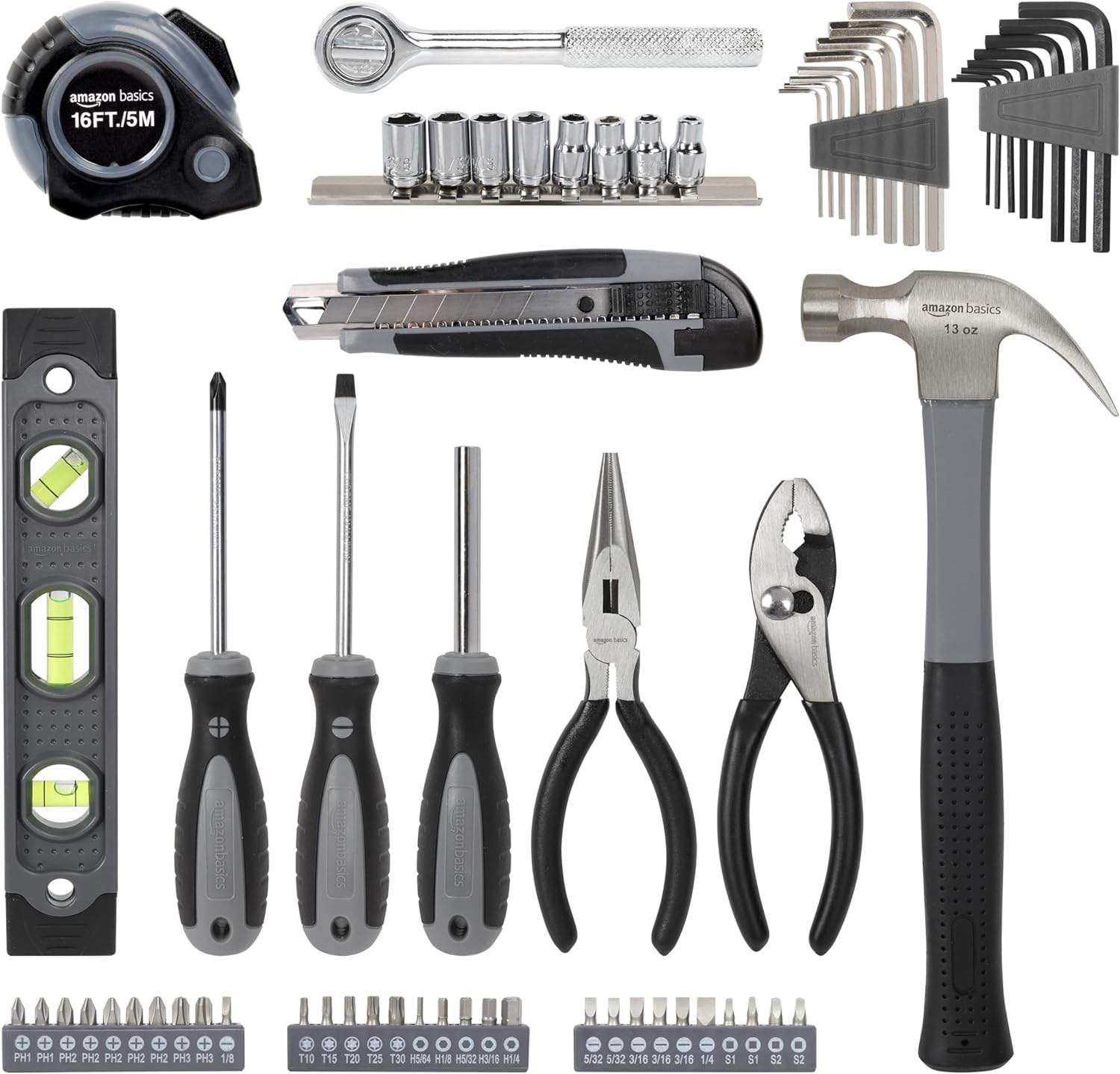 65 Piece Home Basic Repair Tool Kit Set with Bag, Silver, Black