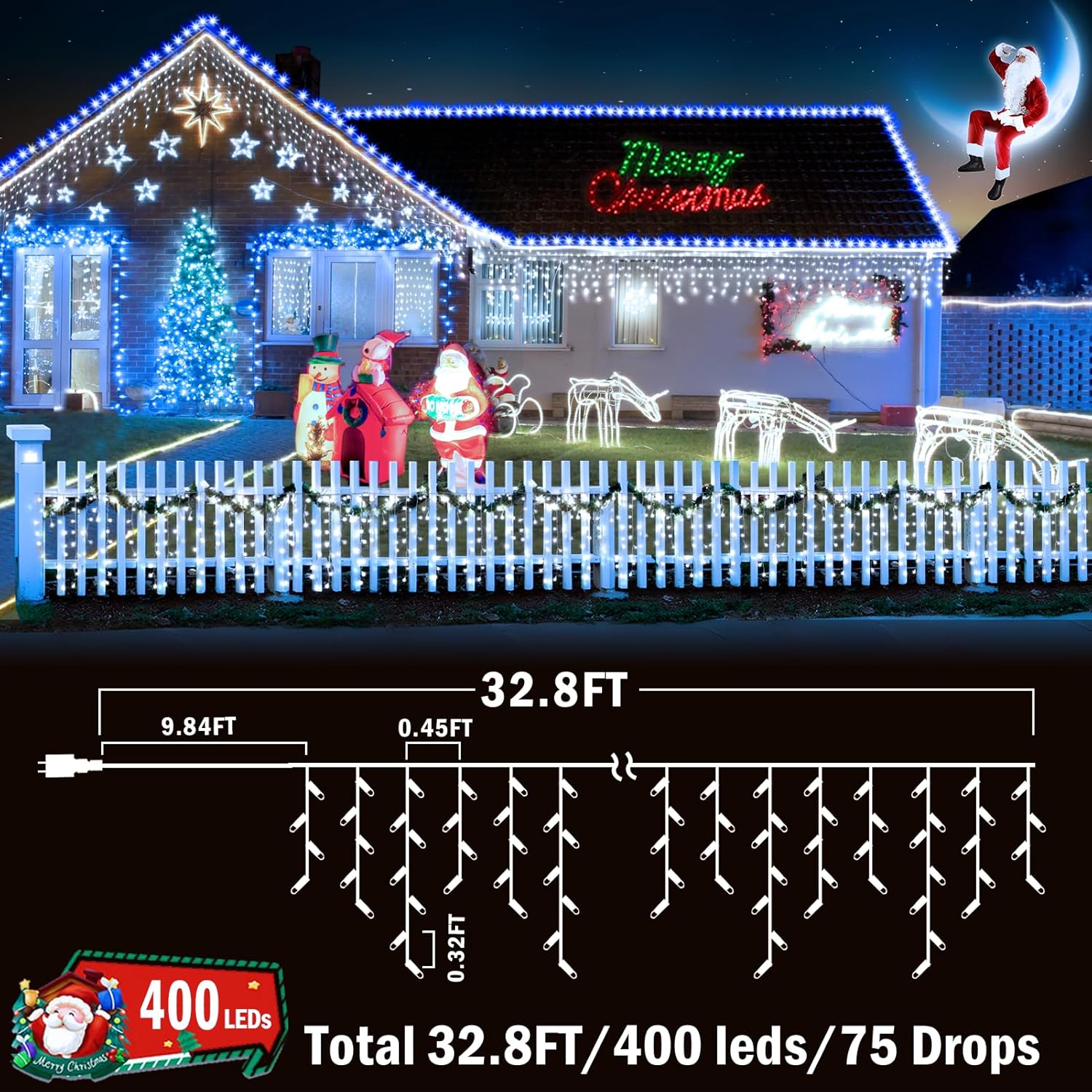 Christmas Lights Outdoor Decorations 400 LED 33Ft 8 Modes Curtain Fairy String Light with 75 Drops, Clear Wire LED String Light Decor for Wedding Party Holiday Christmas Decorations Cool White