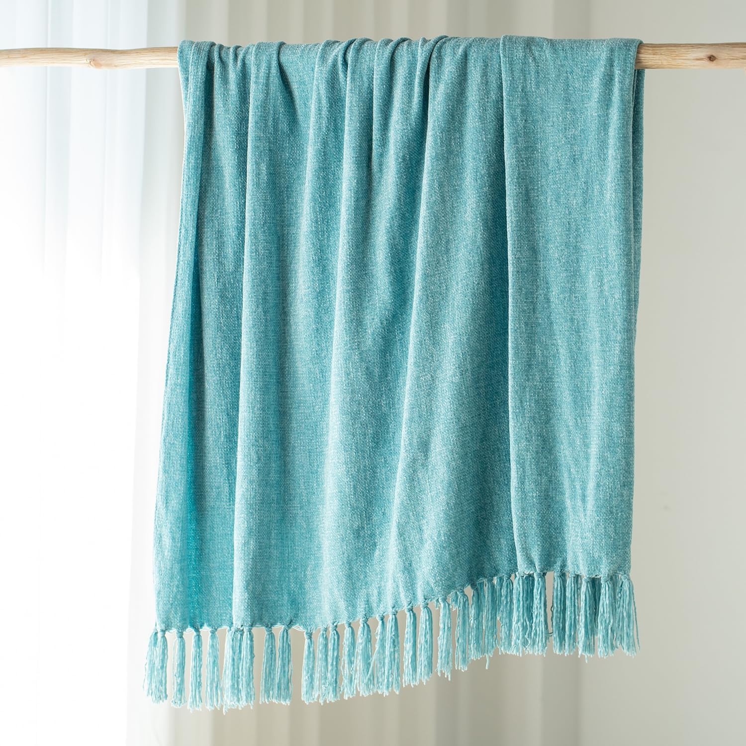 Extra Large Lightweight 108X90 Soft Chenille Throw Bed Blanket for Bedroom with Fringe Tassel, Decorative Blankets and Throws, Cozy Warm Blanket for Men and Women, Blue Oversized King Size