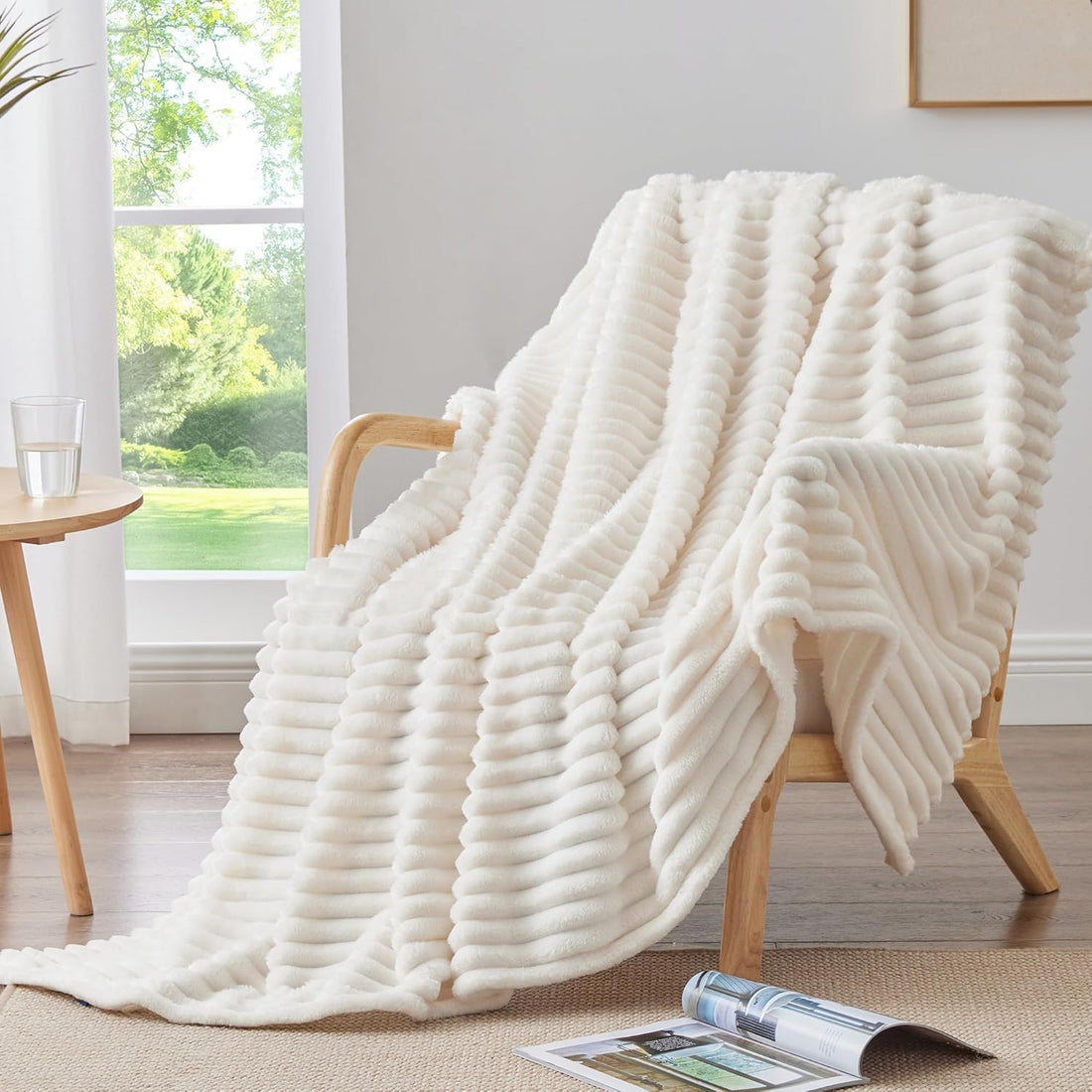 Fleece Throw Blanket for Couch - 300GSM Soft & Warm Fluffy Cream White Blanket, Decorative and Giftable Striped Blankets for Women, Men, 50"X60"