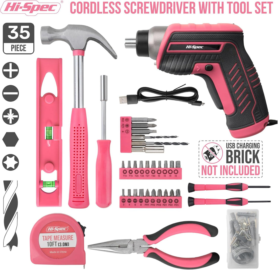 35Pc Pink Tool Kit with 3.6V USB Electric Screwdriver and Drill Set. Complete Women Tool Set