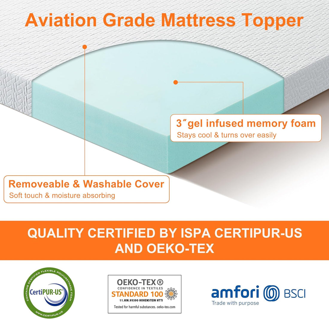 3 Inch Gel Memory Foam Cooling Mattress Topper Queen Size, Mattress Pad Cover for Pressure Relief, Bed Topper with Removable Cover，Soft & Breathable