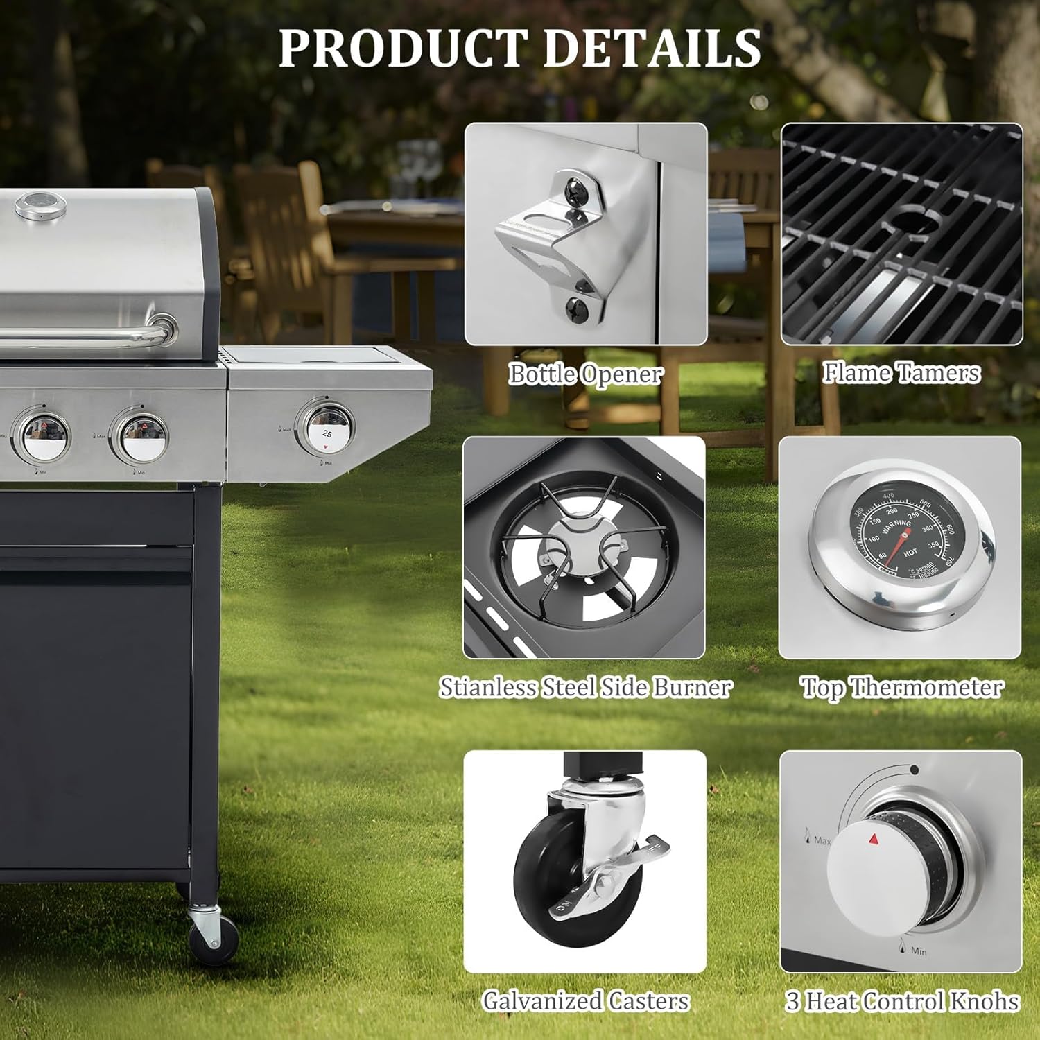 3-Burner Propane Gas BBQ Grill with Side Burner & Porcelain-Enameled Cast Iron Grates Built-In Thermometer, 37,000 BTU Outdoor Cooking, Patio, Garden Barbecue Grill, Black and Silver