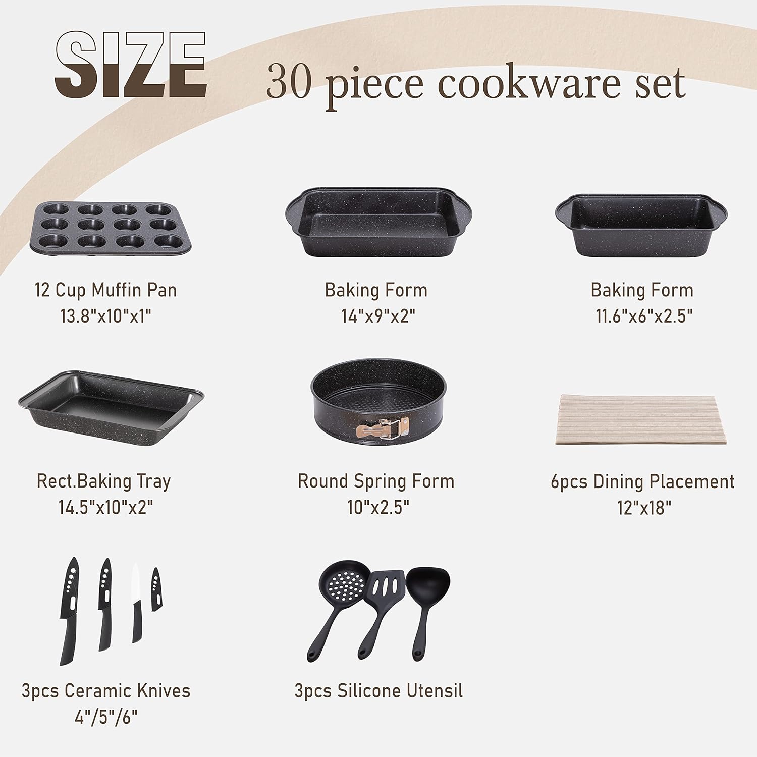 Kitchen Induction Cookware & Bakeware Set - 30 Piece Black Granite Cooking Pans Set, Non-Stick Pots and Pans Set