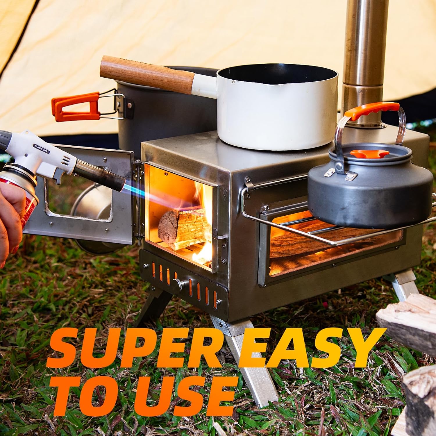 Hot Tent Stove,  Wood Burning Stove, Portable Wood Stove with 6 Stainless Chimney Pipes for Outdoor Heating & Cooking, Ice Fishing, Hunting