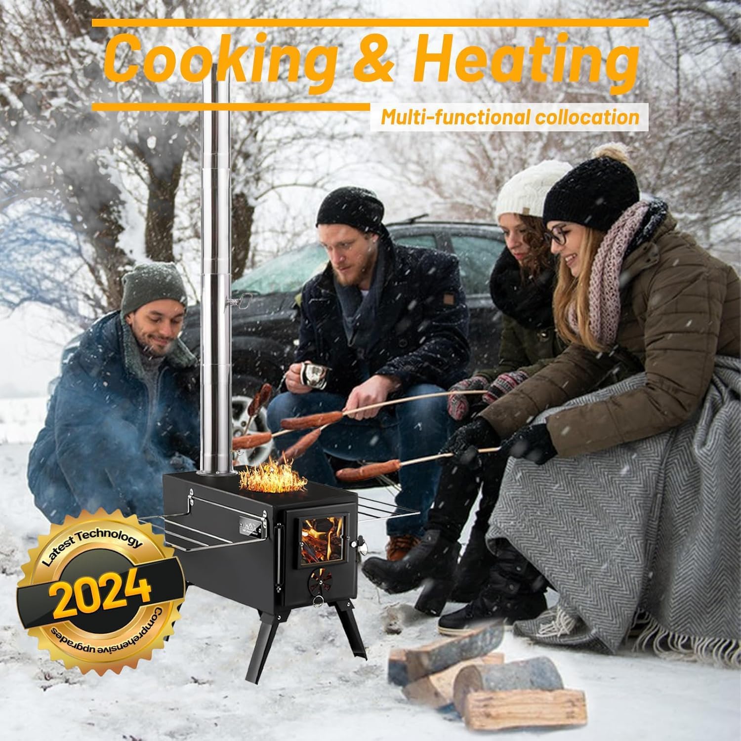 Hot Tent Stove,  Wood Burning Stove, Portable Wood Stove with 6 Stainless Chimney Pipes for Outdoor Heating & Cooking, Ice Fishing, Hunting