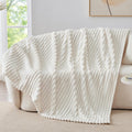 Fleece Throw Blanket for Couch - 300GSM Soft & Warm Fluffy Cream White Blanket, Decorative and Giftable Striped Blankets for Women, Men, 50